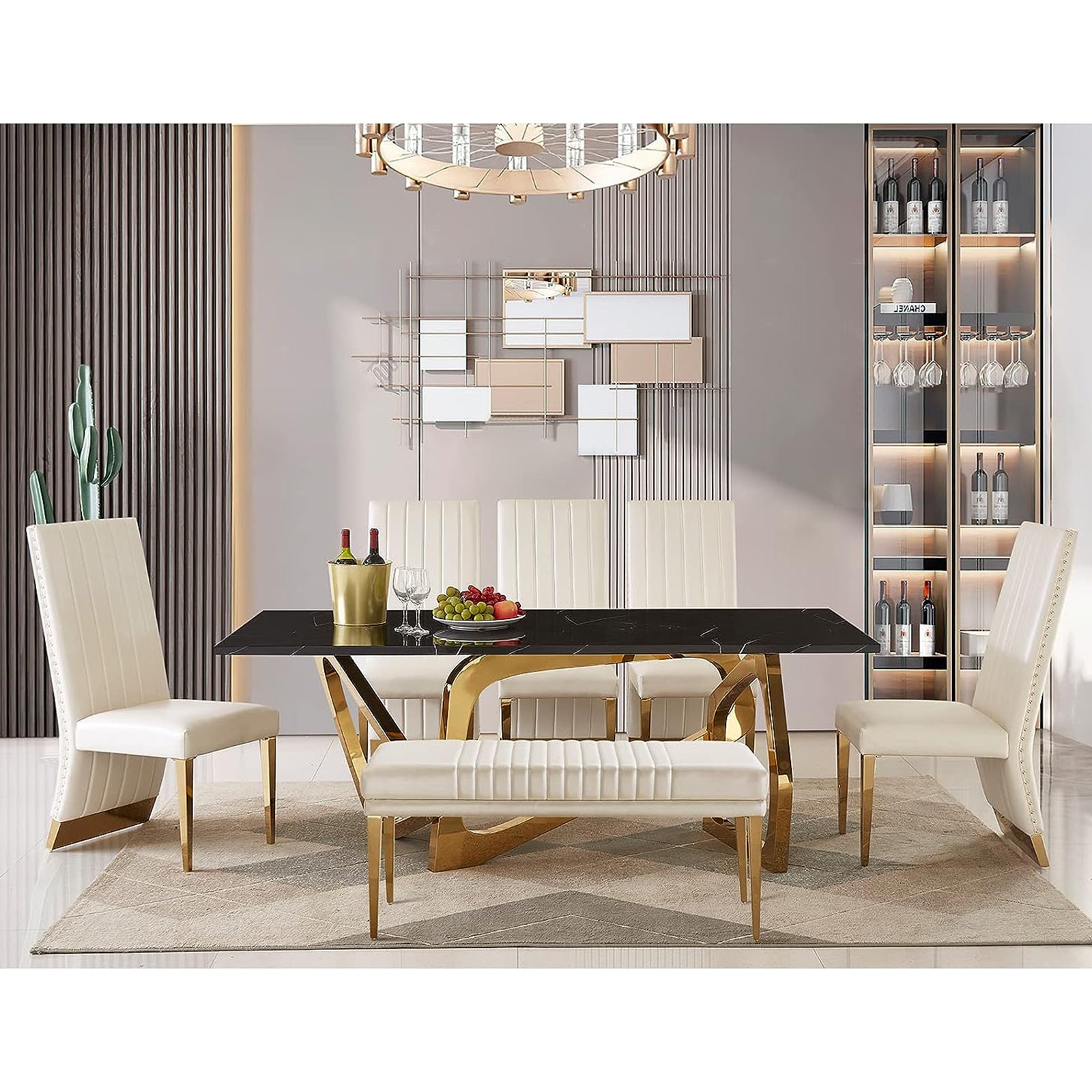 White leather Dining Chairs | Nailhead Trim | Metal gold legs | C159