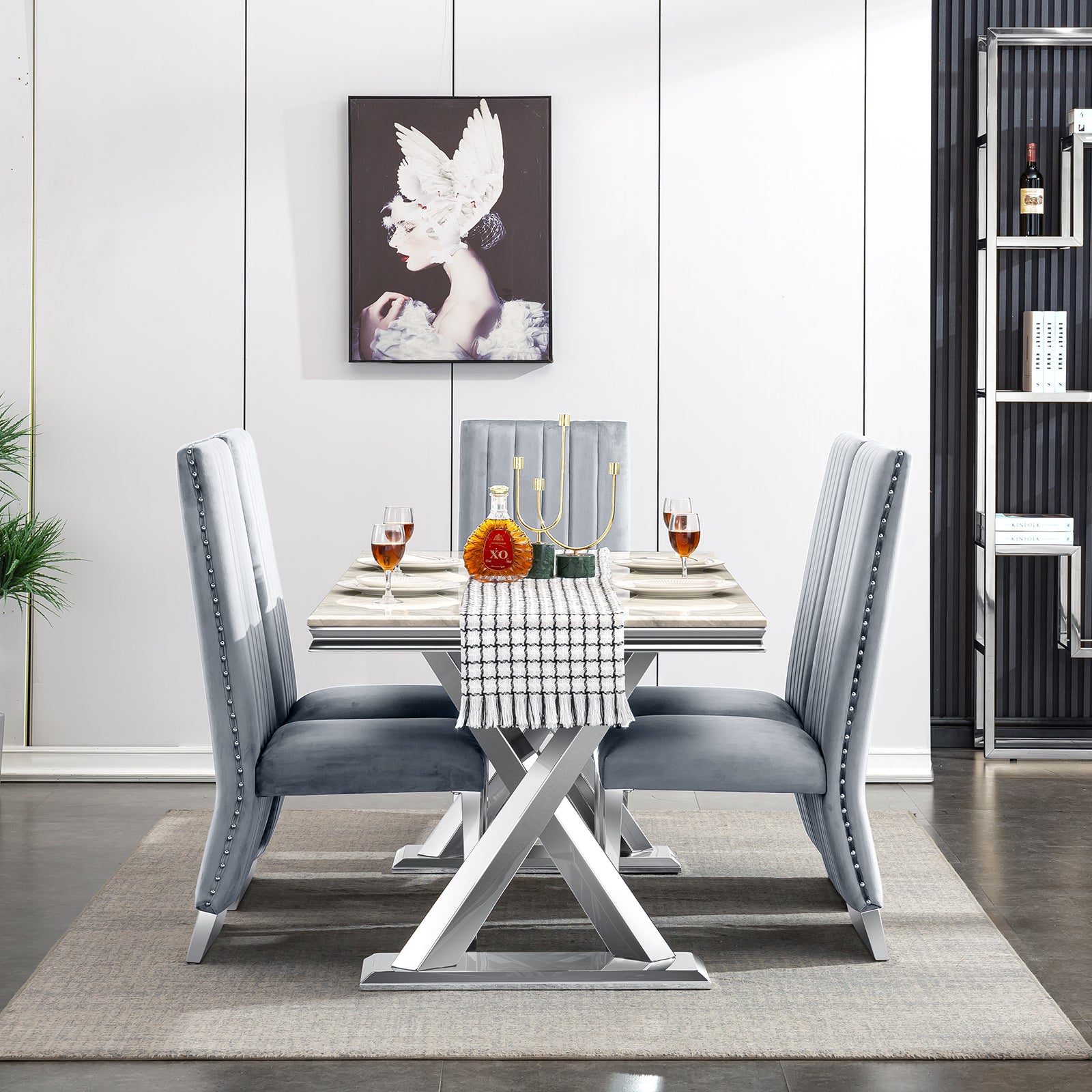 Gray Velvet Dining Chairs | Nailhead Trim | Silver Metal legs | C156