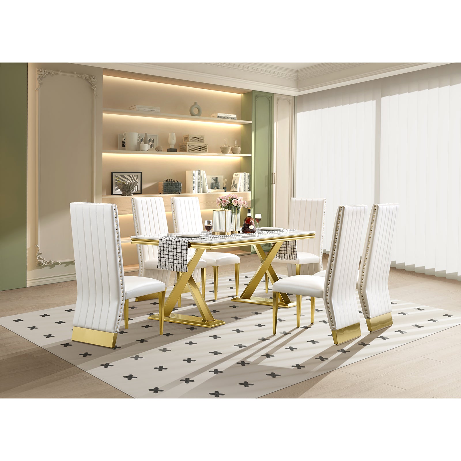 White leather Dining Chairs | Nailhead Trim | Metal gold legs | C159
