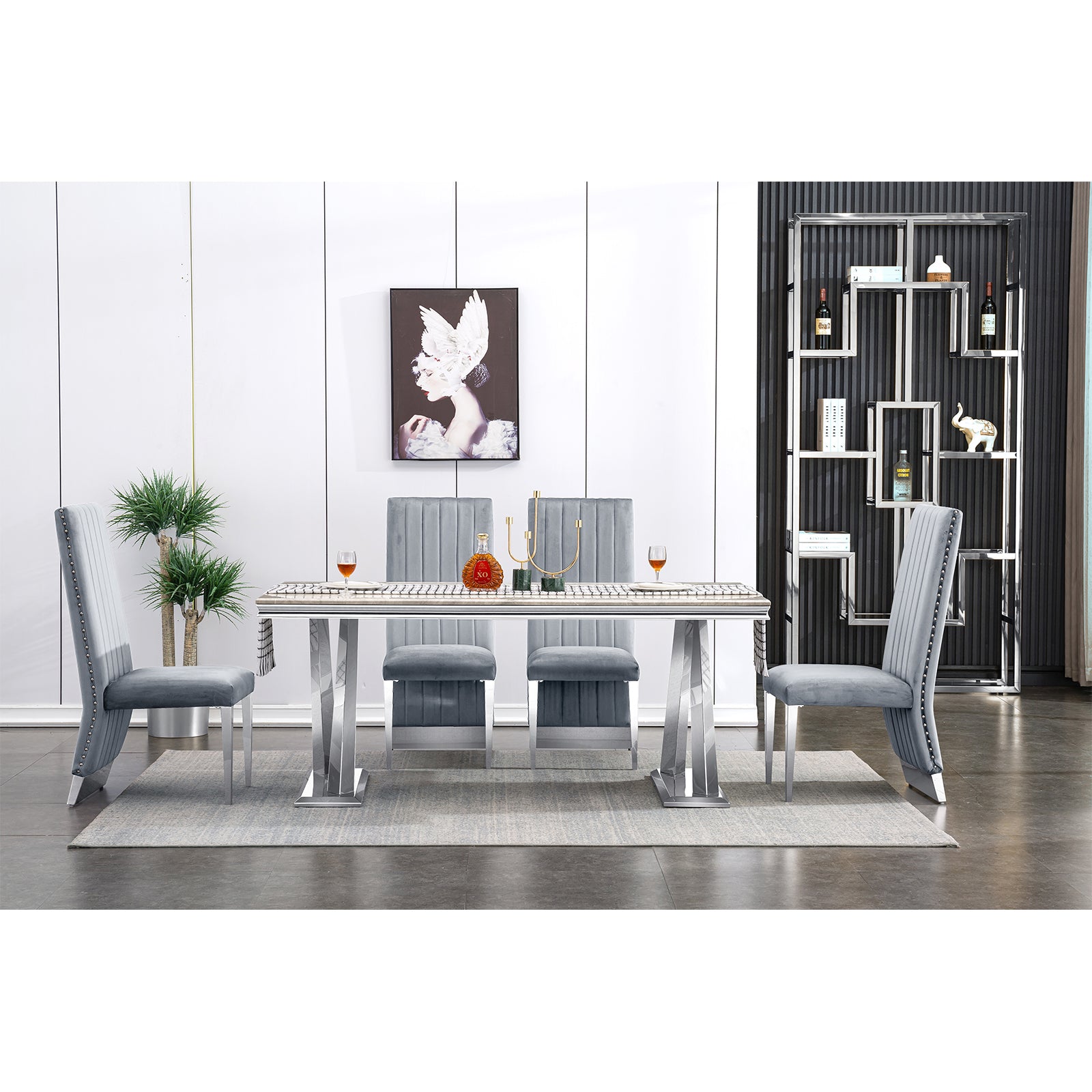 Gray Velvet Dining Chairs | Nailhead Trim | Silver Metal legs | C156