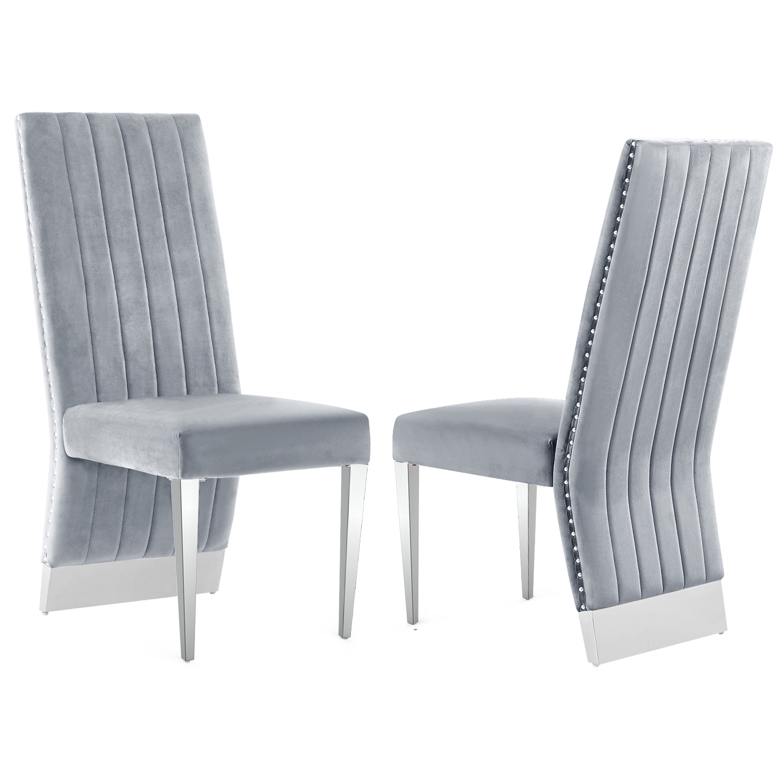 Gray Velvet Dining Chairs | Nailhead Trim | Silver Metal legs | C156