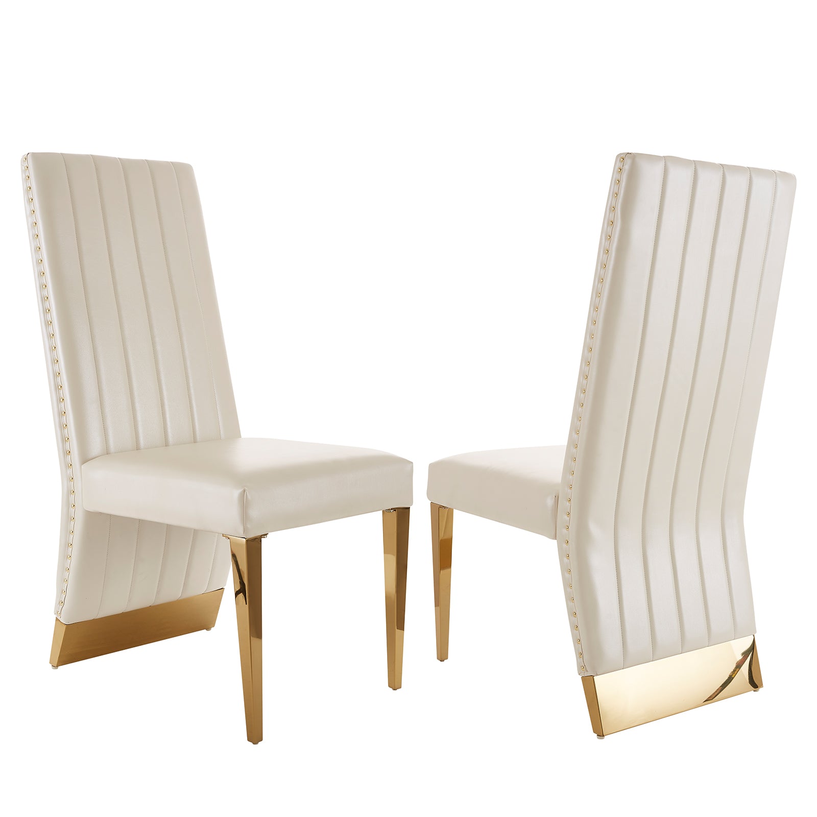 White leather Dining Chairs | Nailhead Trim | Metal gold legs | C159