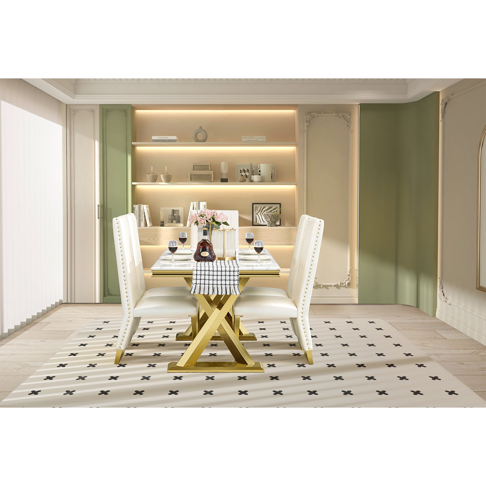 White leather Dining Chairs | Nailhead Trim | Metal gold legs | C159