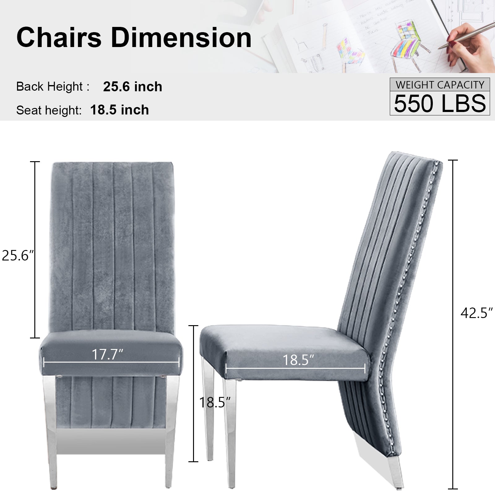 Gray Velvet Dining Chairs | Nailhead Trim | Silver Metal legs | C156