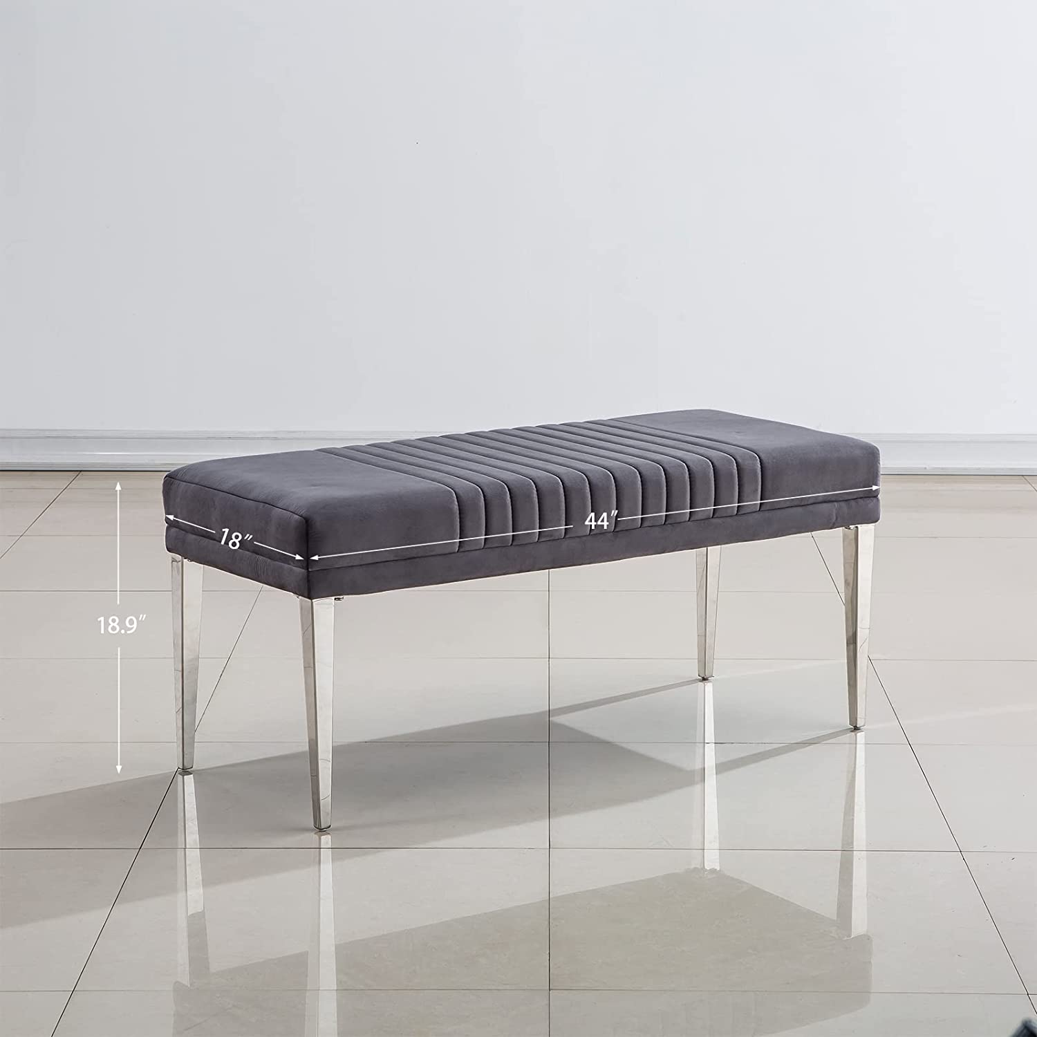 Grey Velvet Bench with Silver Stainless Steel Legs | B102