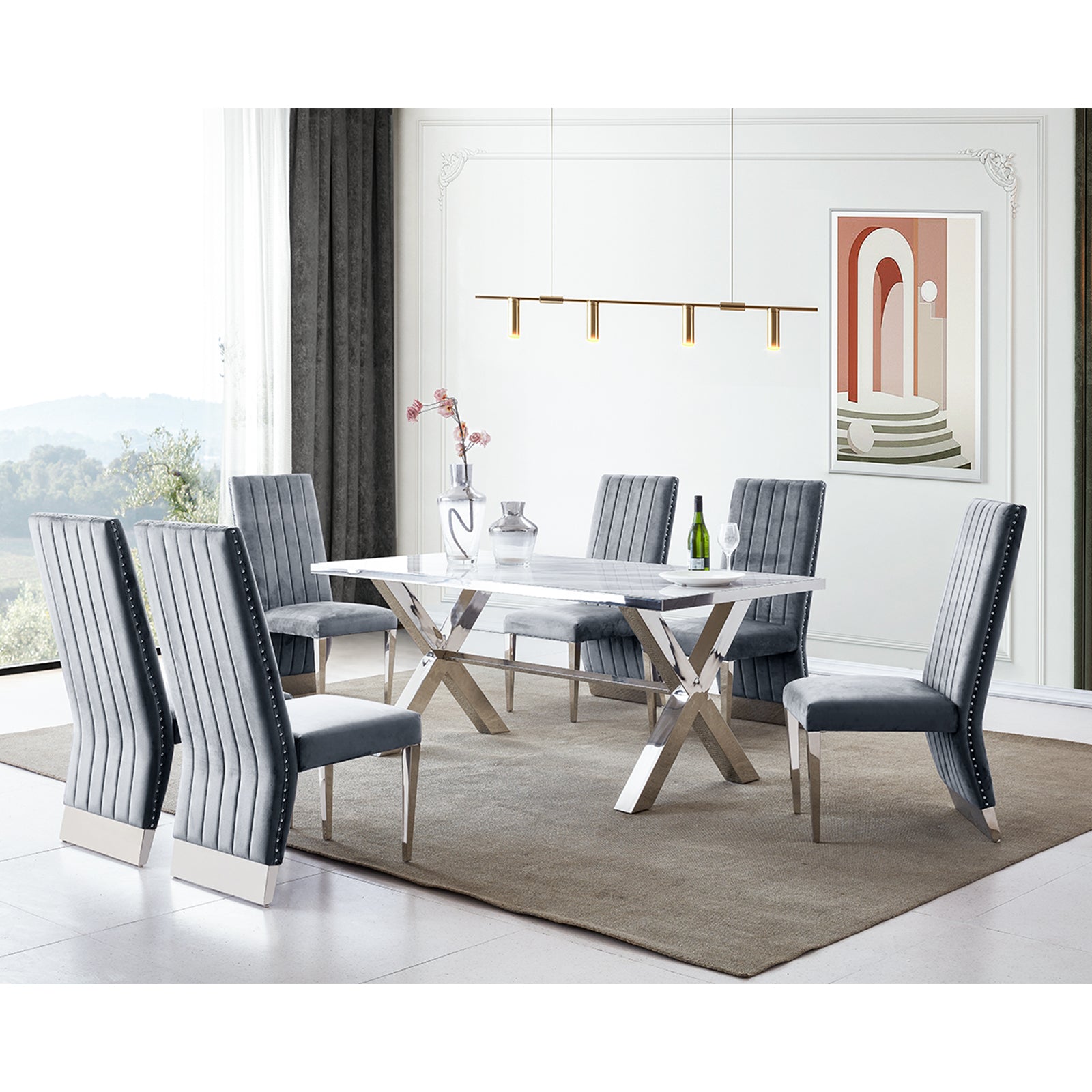 Gray Velvet Dining Chairs | Nailhead Trim | Silver Metal legs | C156