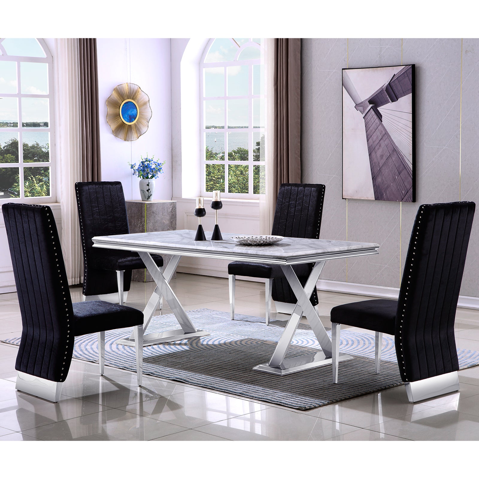 Black Velvet Dining Chairs | Nailhead Trim | Silver Metal legs | C155