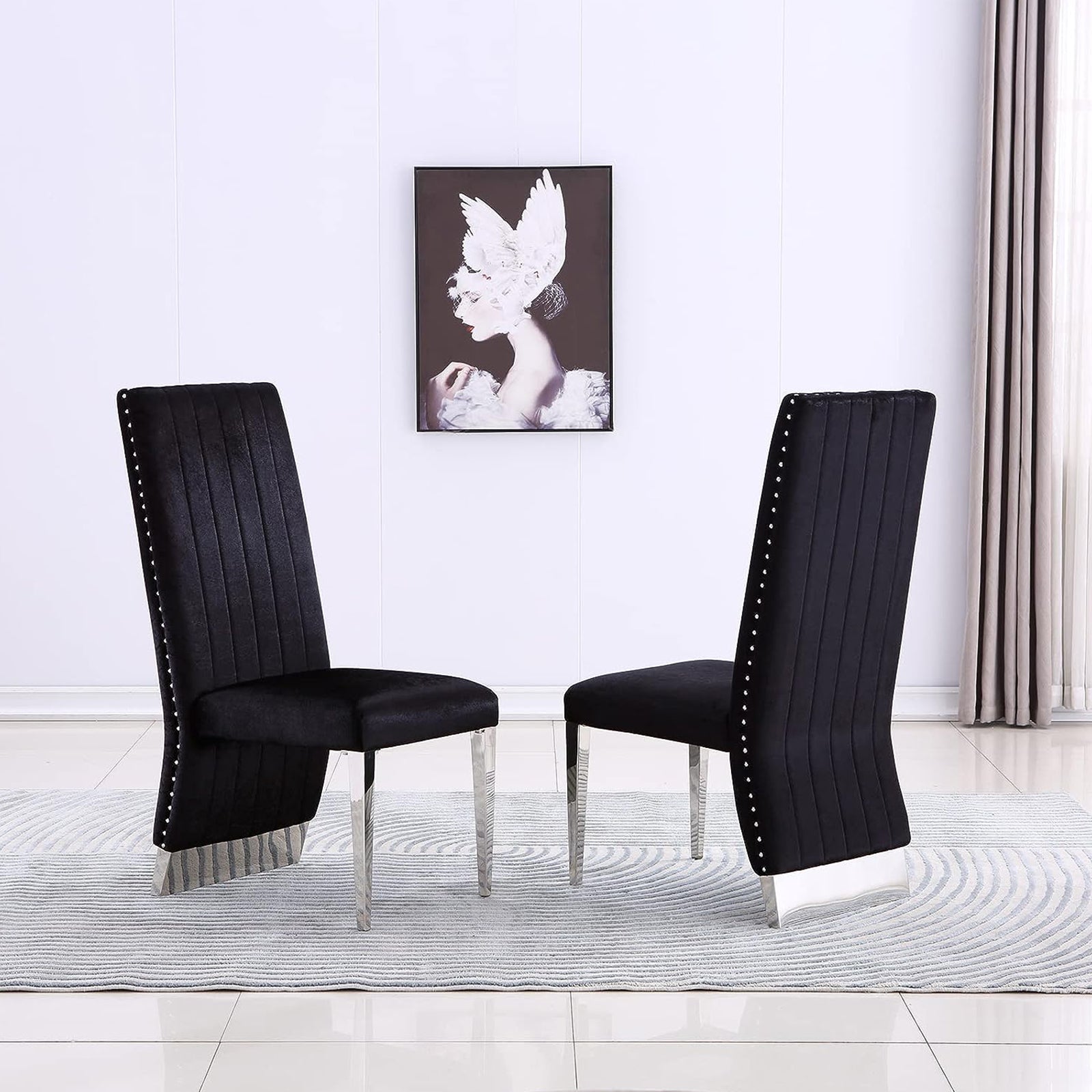 Black Velvet Dining Chairs | Nailhead Trim | Silver Metal legs | C155