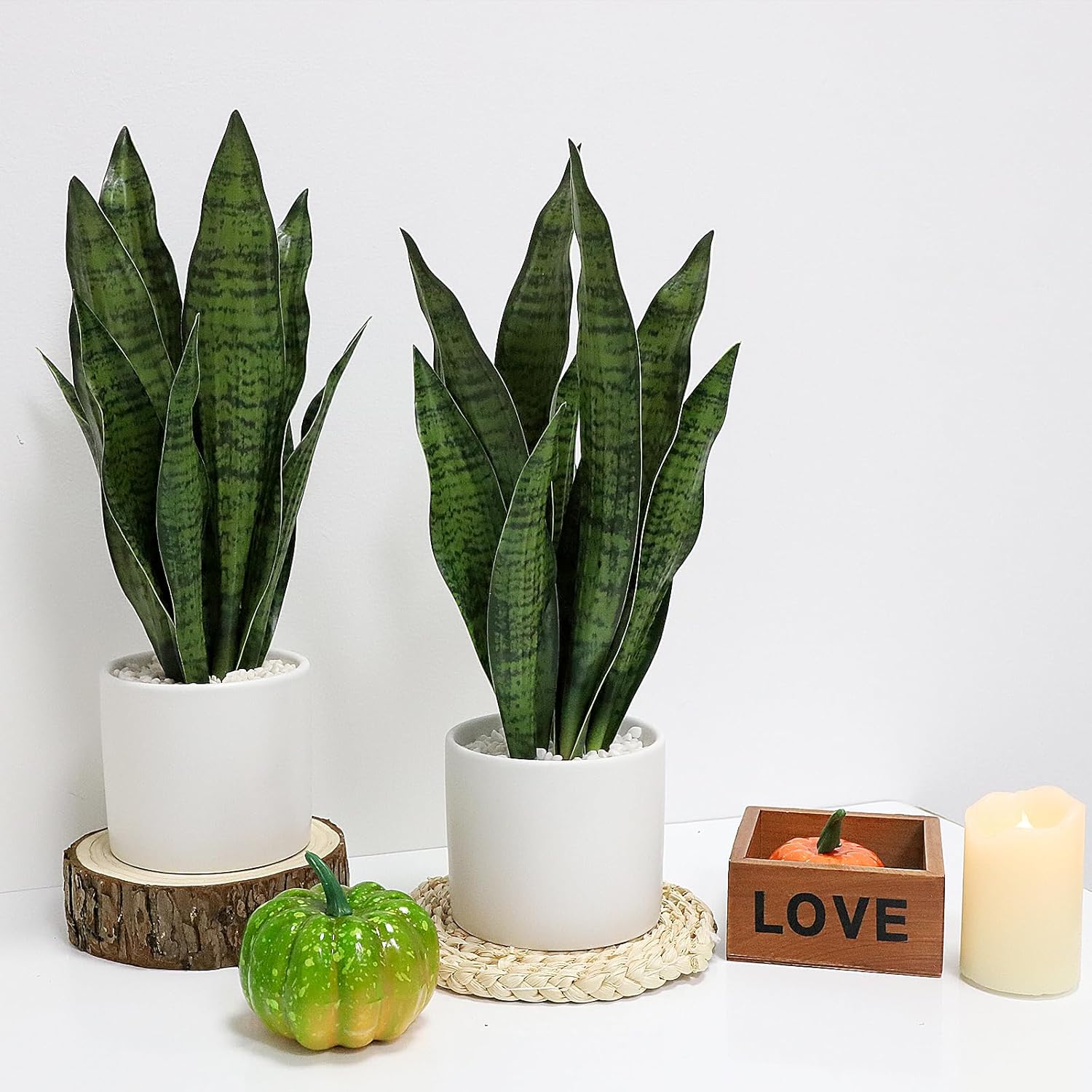 Artificial Snake Plant Set of 2 | 13.8"  Faux Snake Plant | with Pure White Ceramic Pots