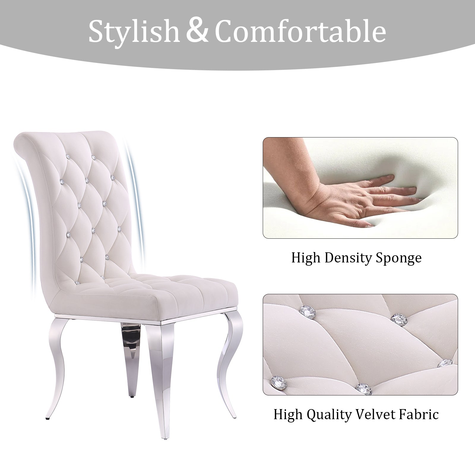 White Velvet dining Chairs| Button Tufted Crystal Back | C133