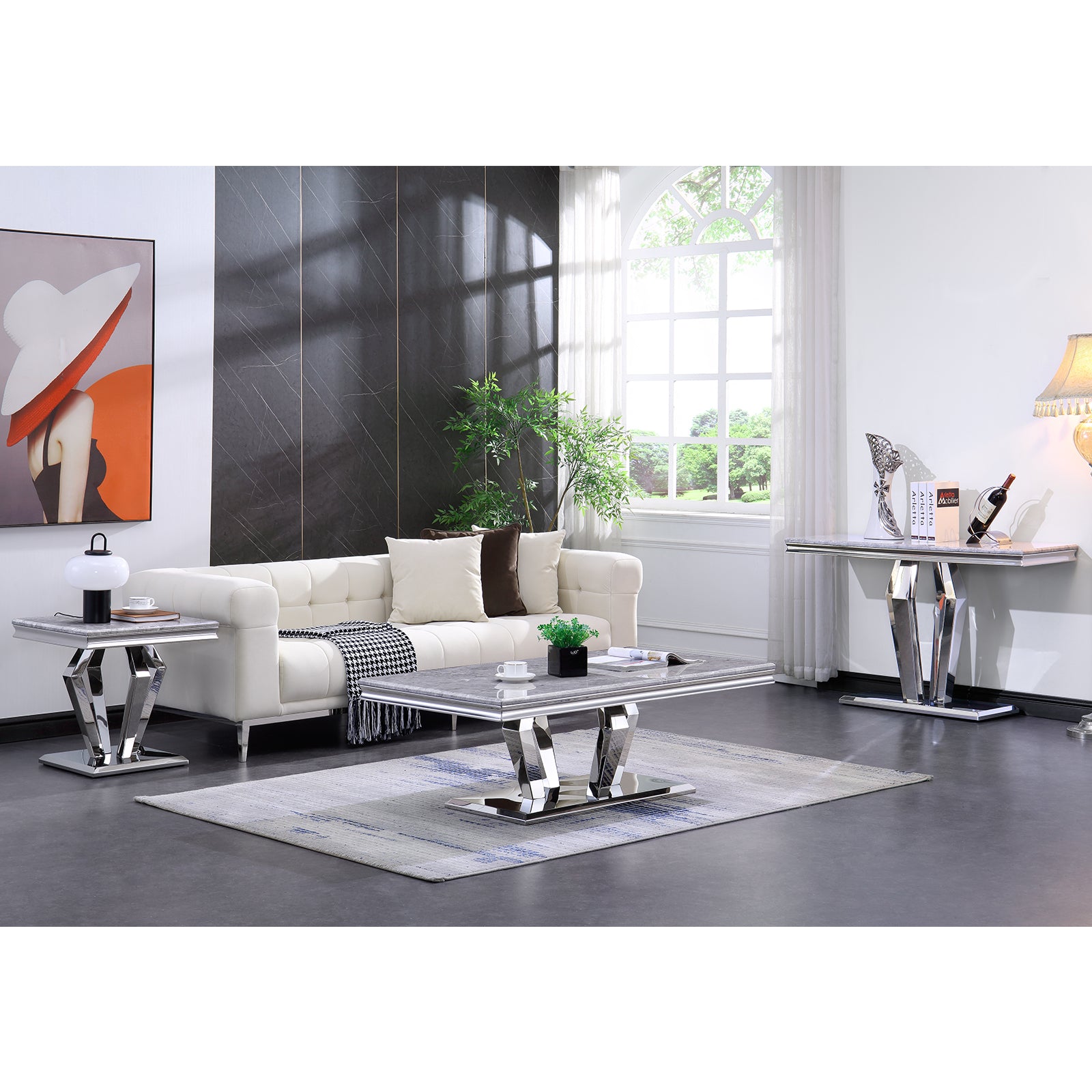 End Table with Silver Geometric Metal Base | E414