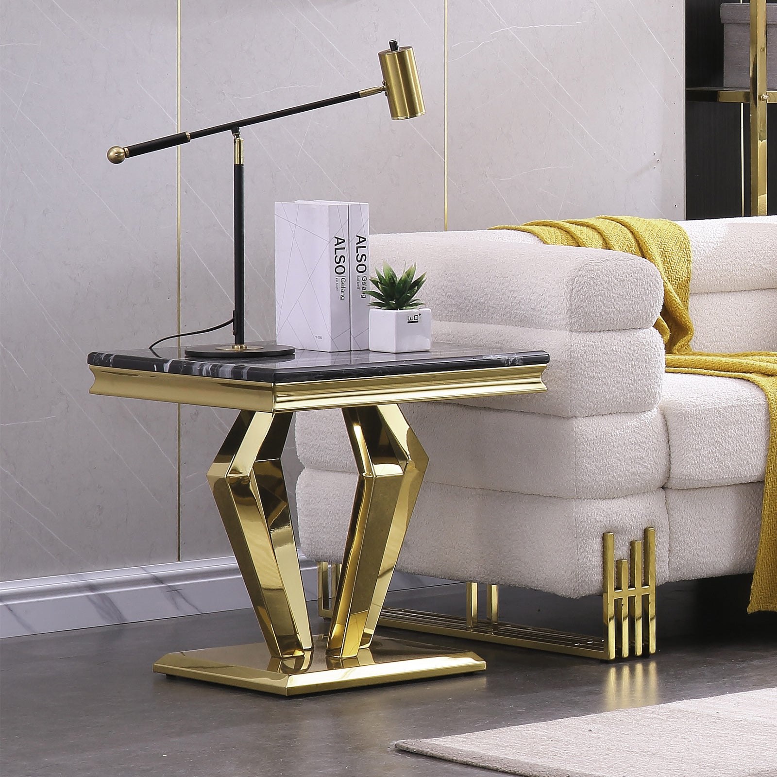 End Table with Gold Geometric Metal Base | E415