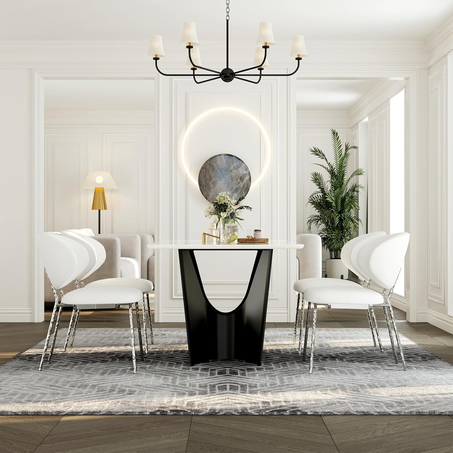 AUZ White Sintered Stone Dining Table with Black Base 71 inch Dining table  for 6