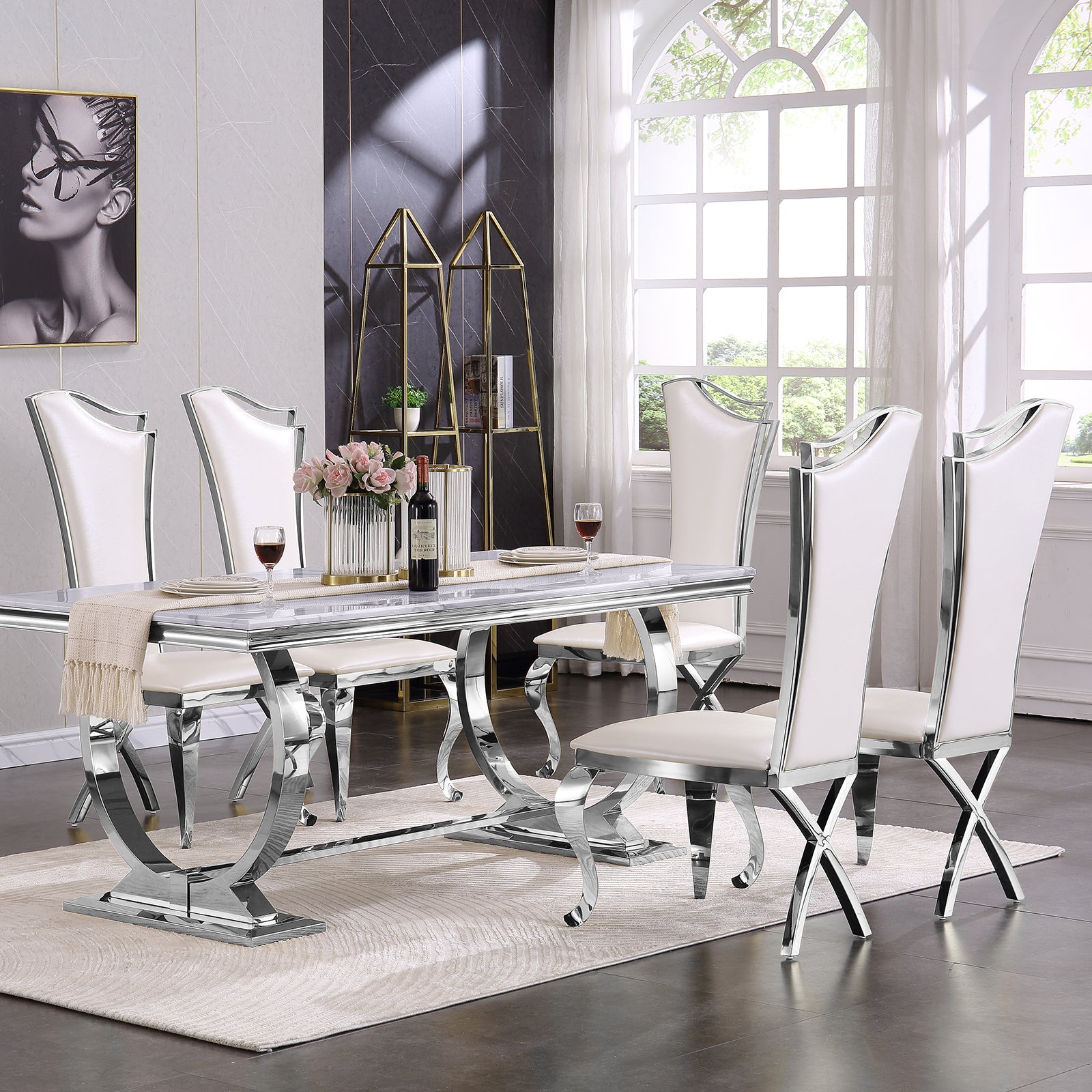 Wholesale White Leather Upholstered Dining Chairs with Silver Metal Legs