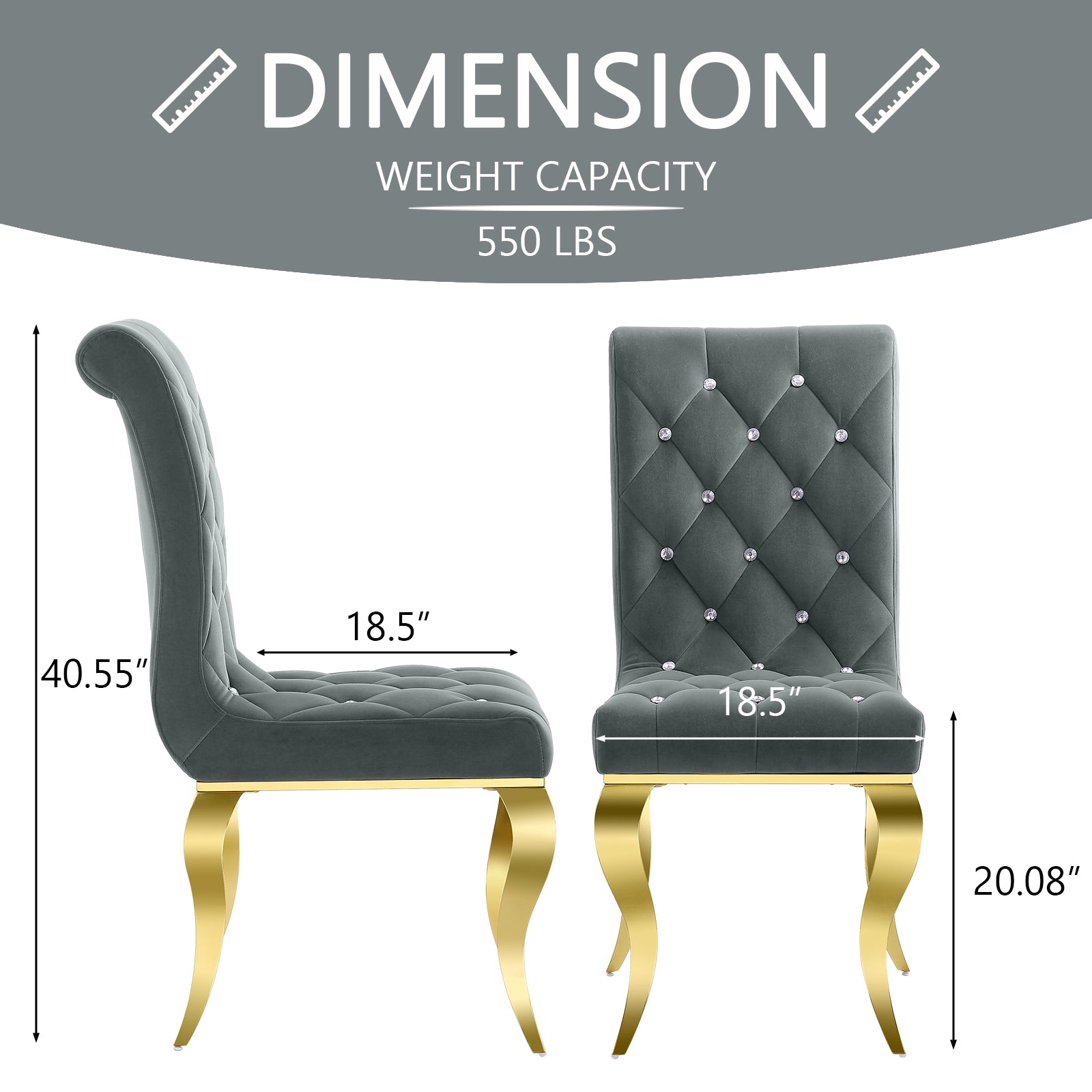 Gray Velvet dining Chairs| Button Tufted Crystal Back | C132