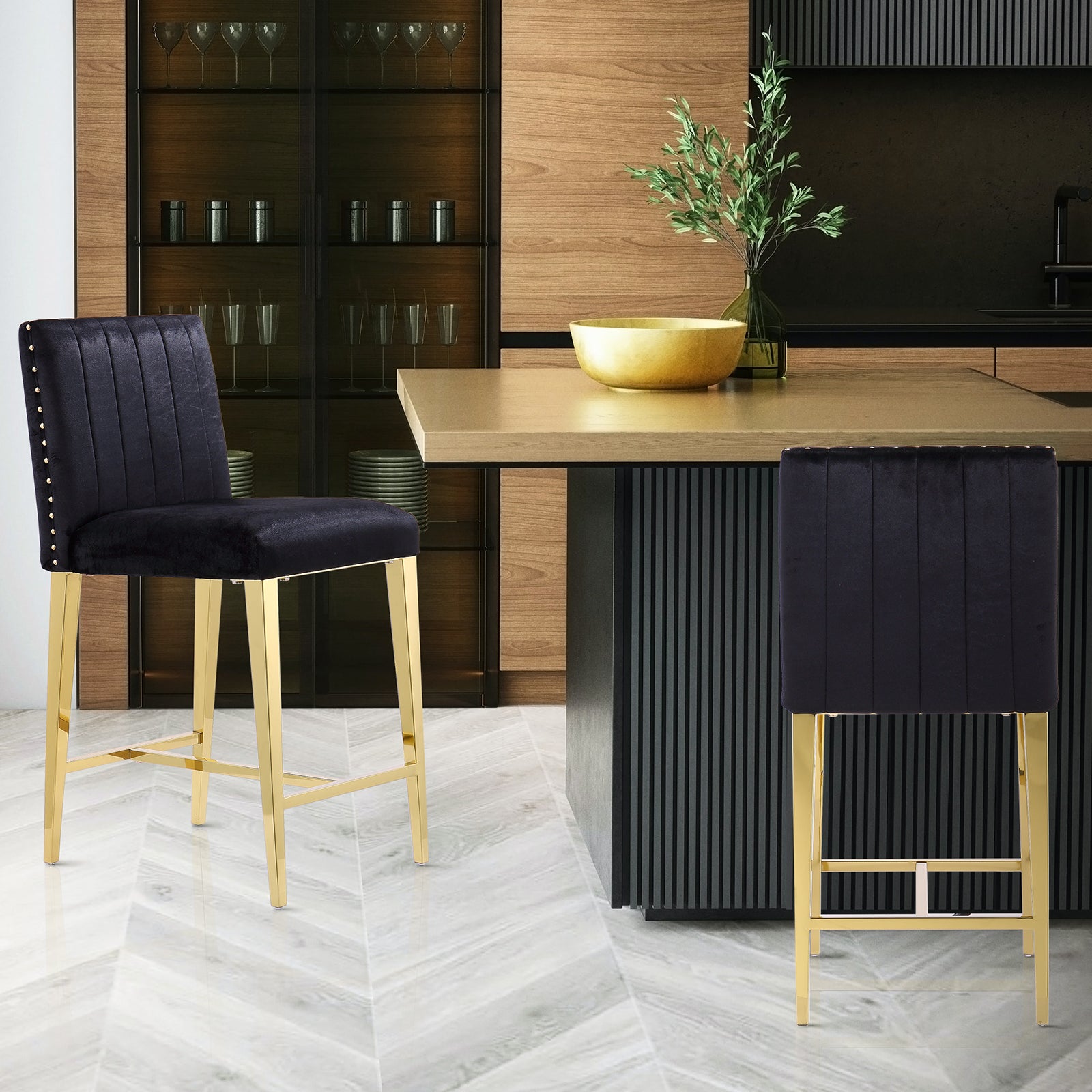 Counter Height Bar Stools | Black Velvet | 24.8-Inch Height