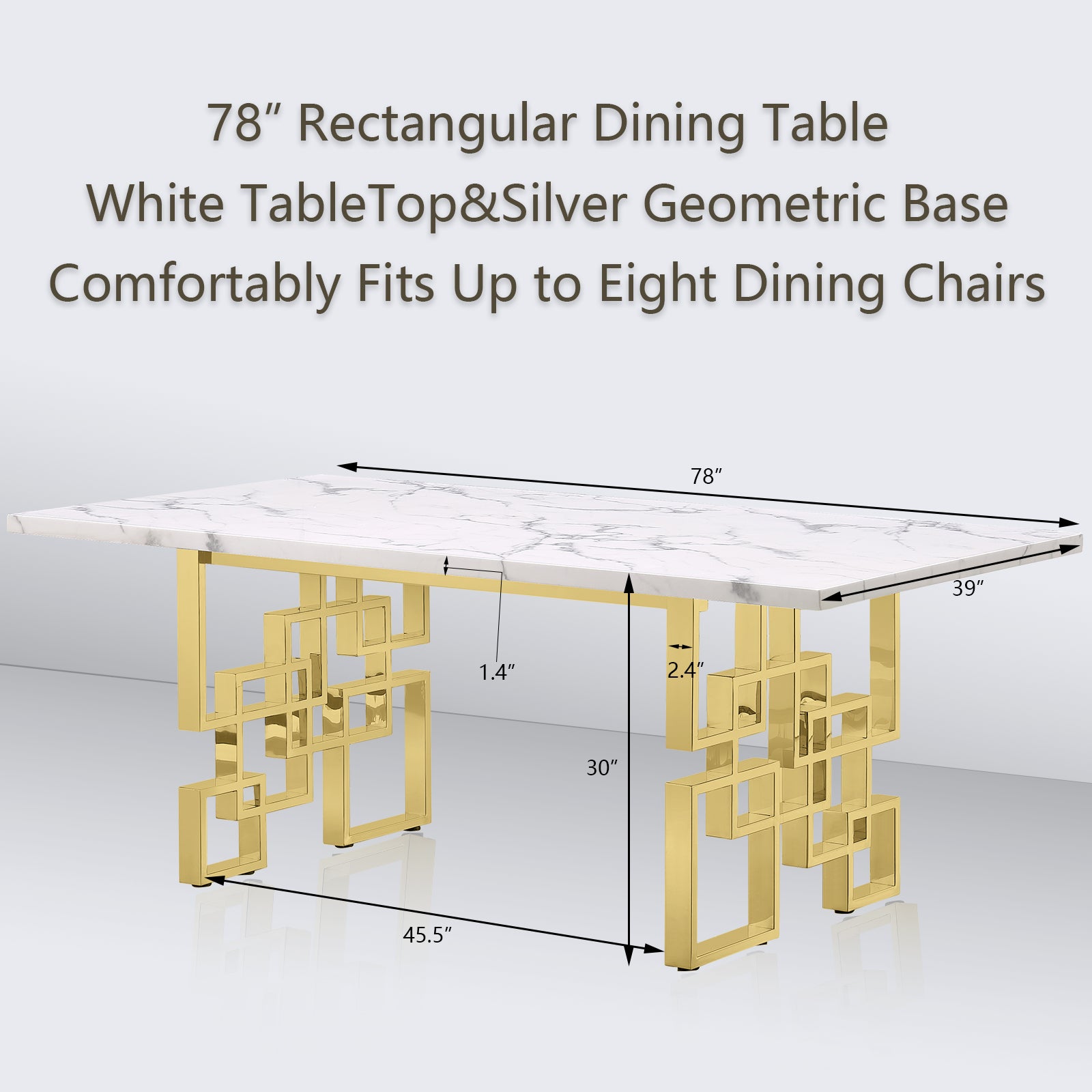 White dining table | 78" Rectangle  table Top | Gold Metal geometric legs | folding screen design T219