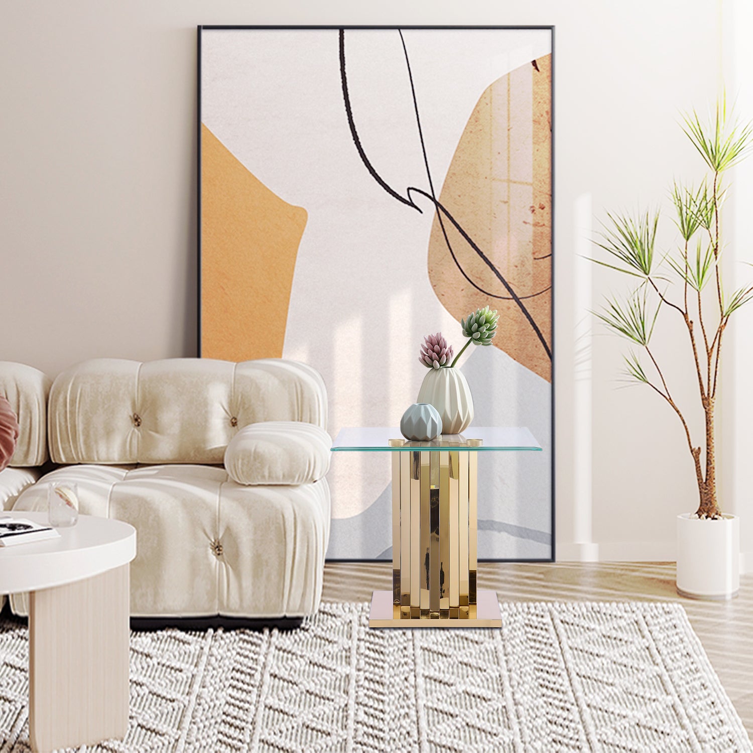 Glass End Table with Gold Polished Metal Scalloped Legs | E413