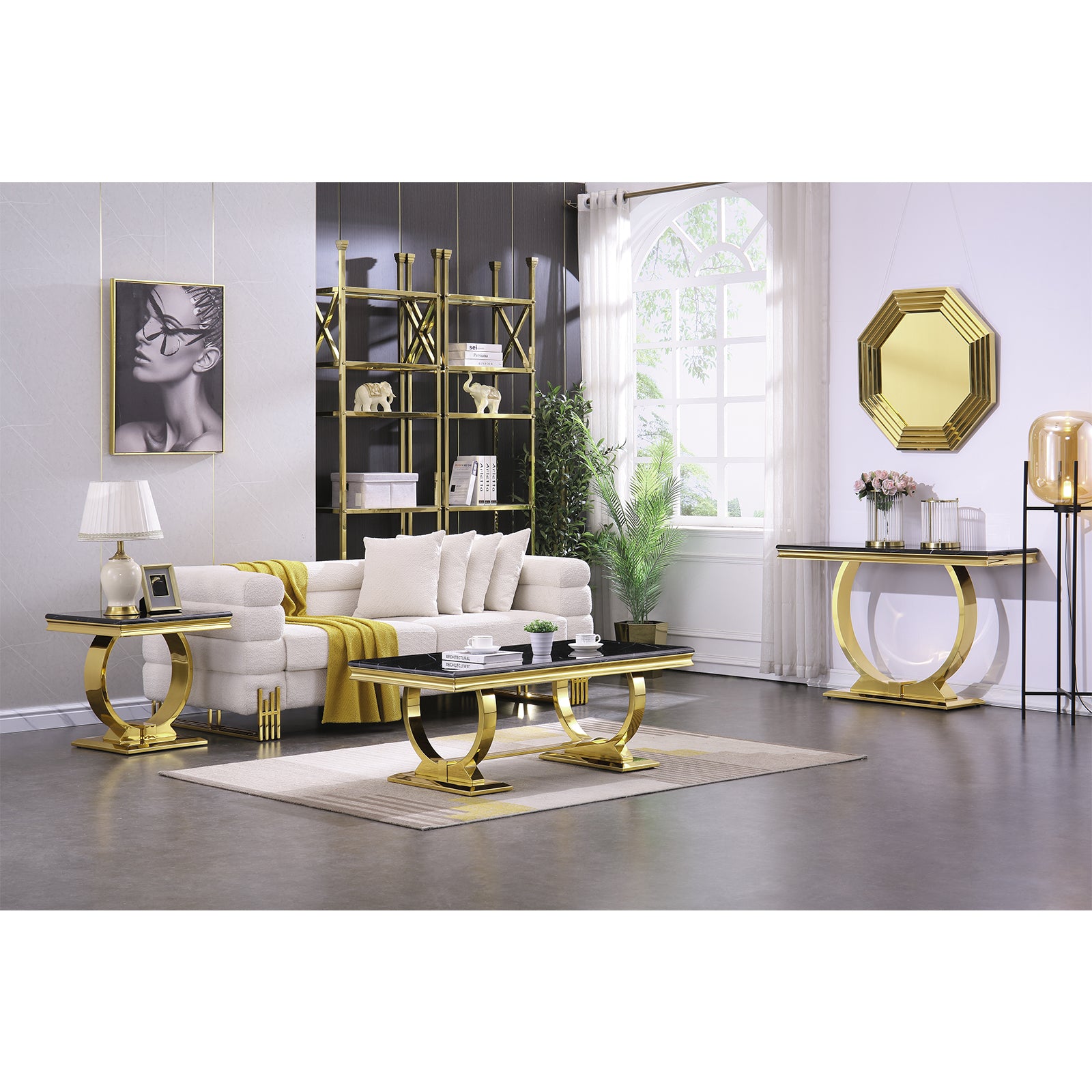 Gold Coffee Table with Stainless steel U-Base  | 48 inch Black top Living room coffee table