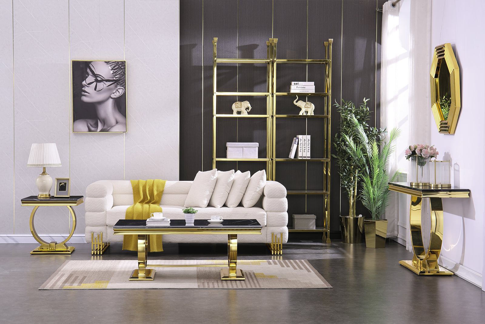 Gold Coffee Table with Stainless steel U-Base  | 48 inch Black top Living room coffee table