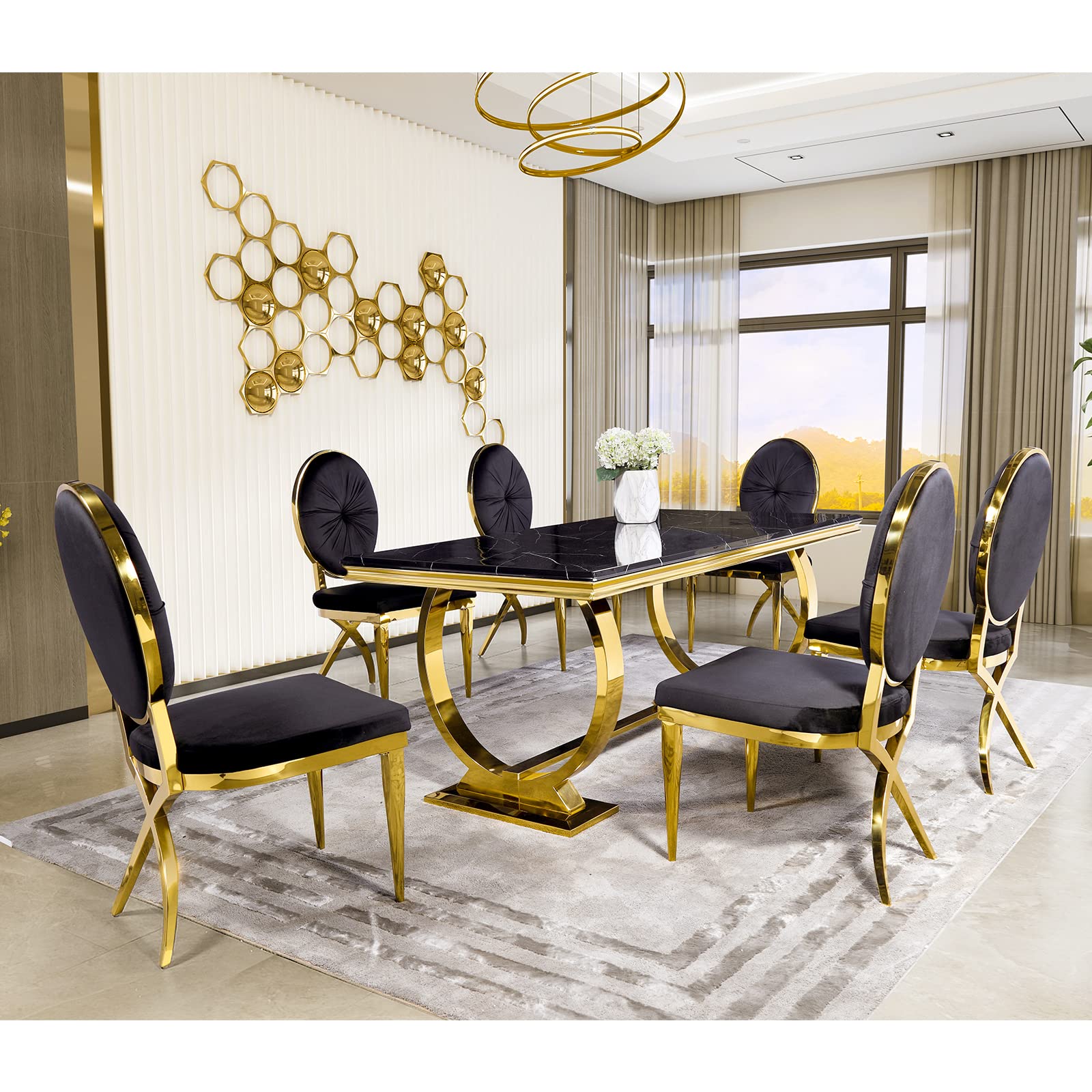 Black DIning table | 72" Rectangle Top | Gold Metal U Base| T207