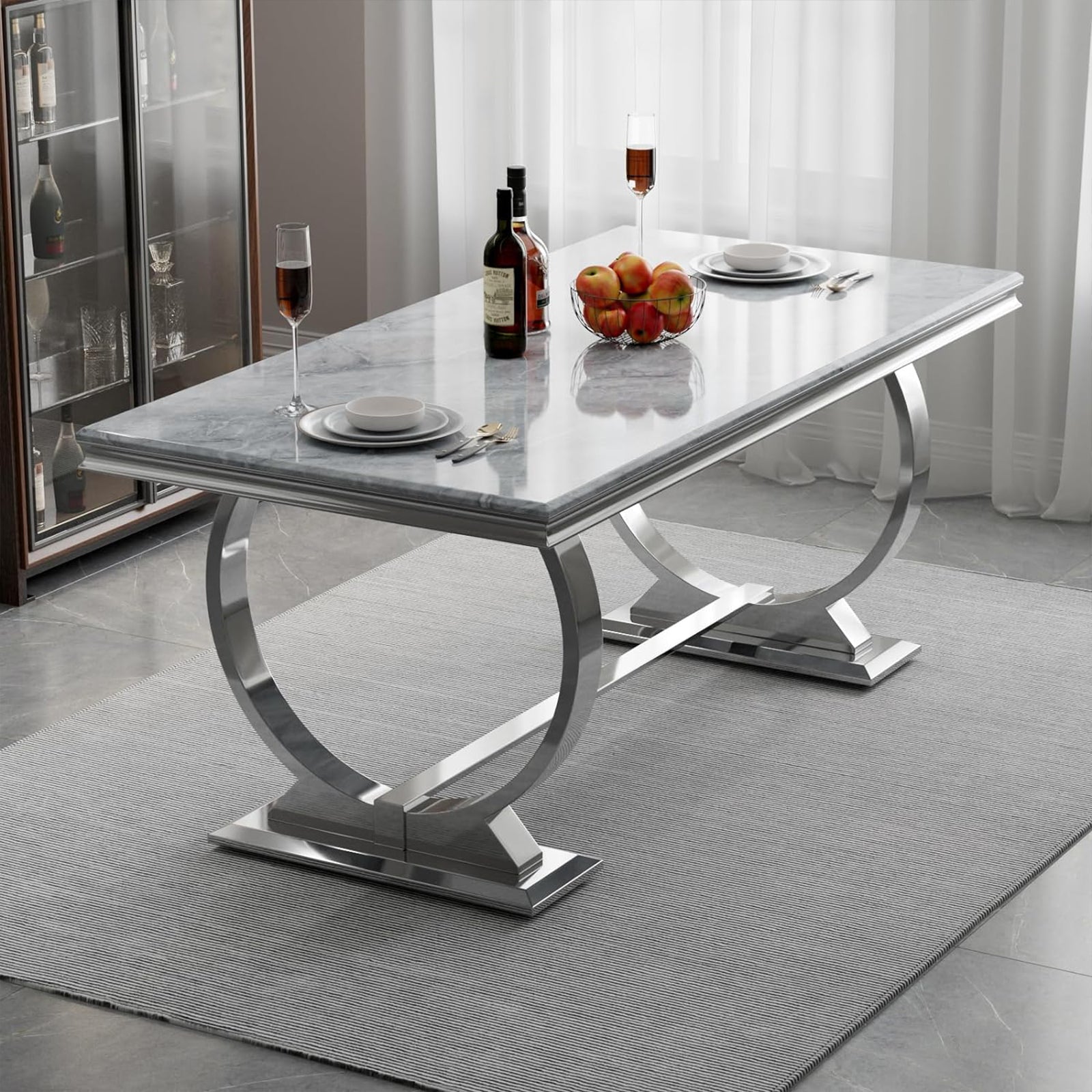 Silver Gray DIning table | 72" Rectangle Top | Silver Metal U Base| T208