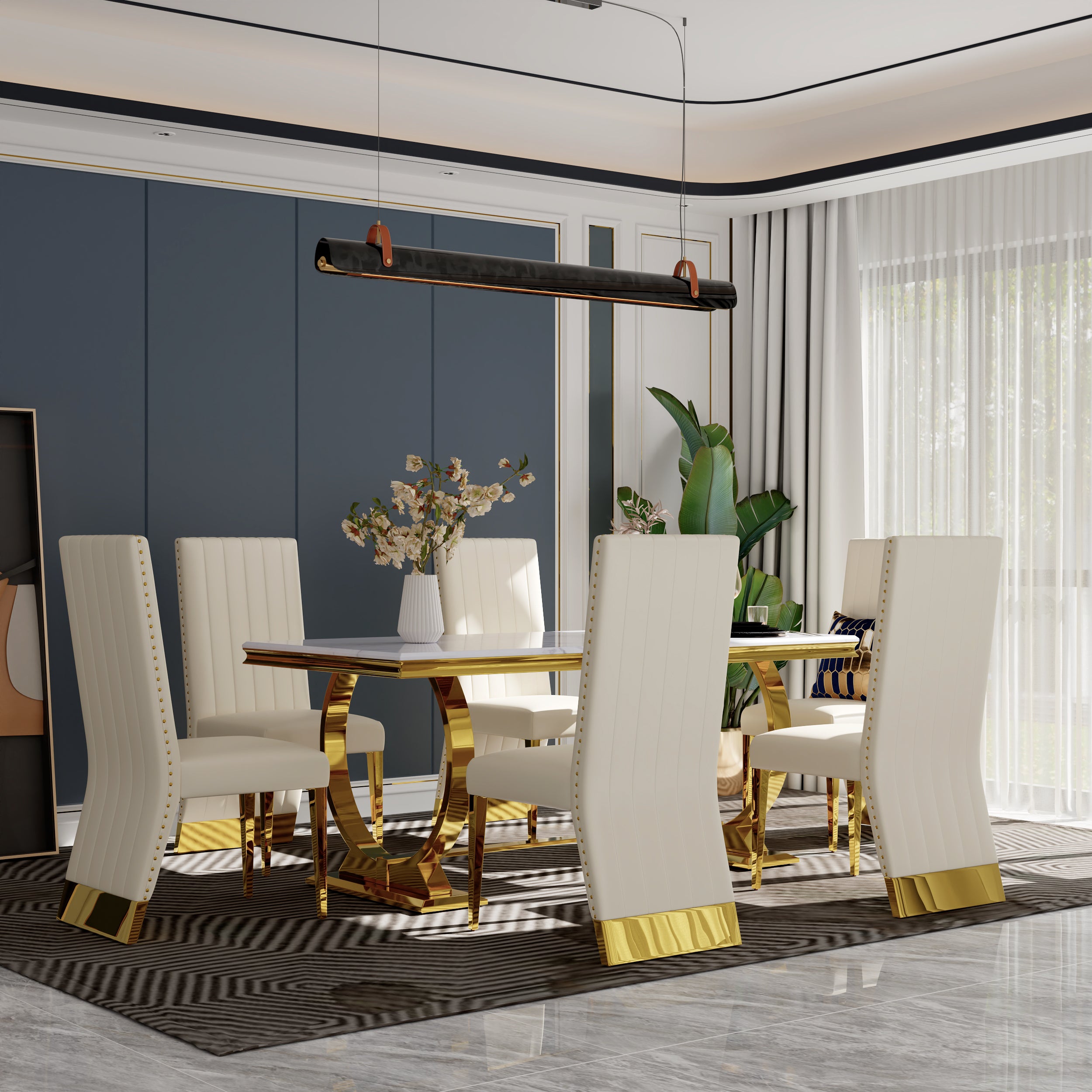 Modern Dining Room Table with Gold Stainless Steel Metal U-Base in White Gold | T206
