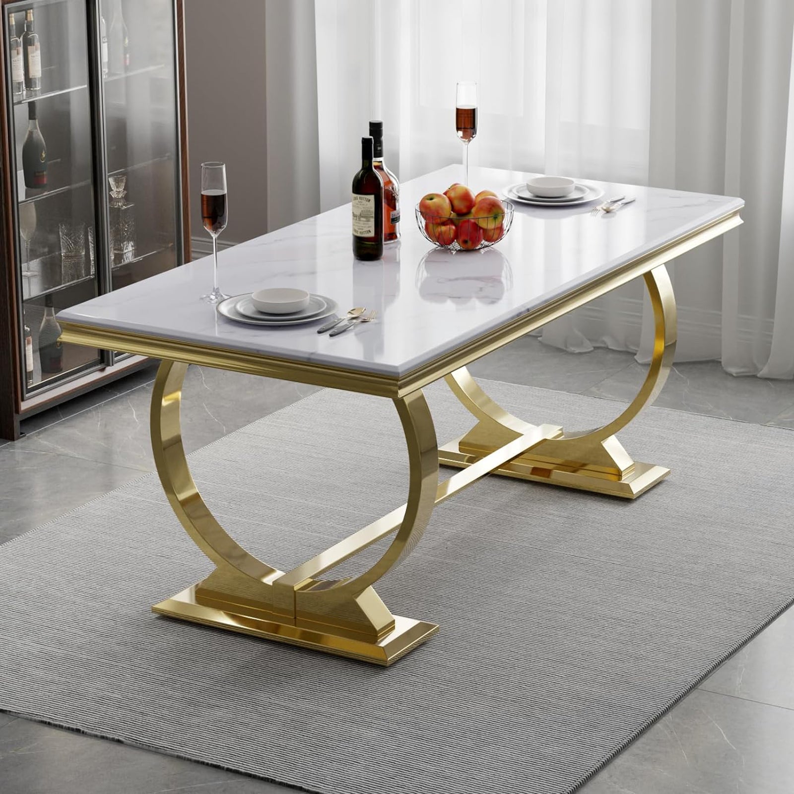 Modern Dining Room Table with Gold Stainless Steel Metal U-Base in White Gold | T206