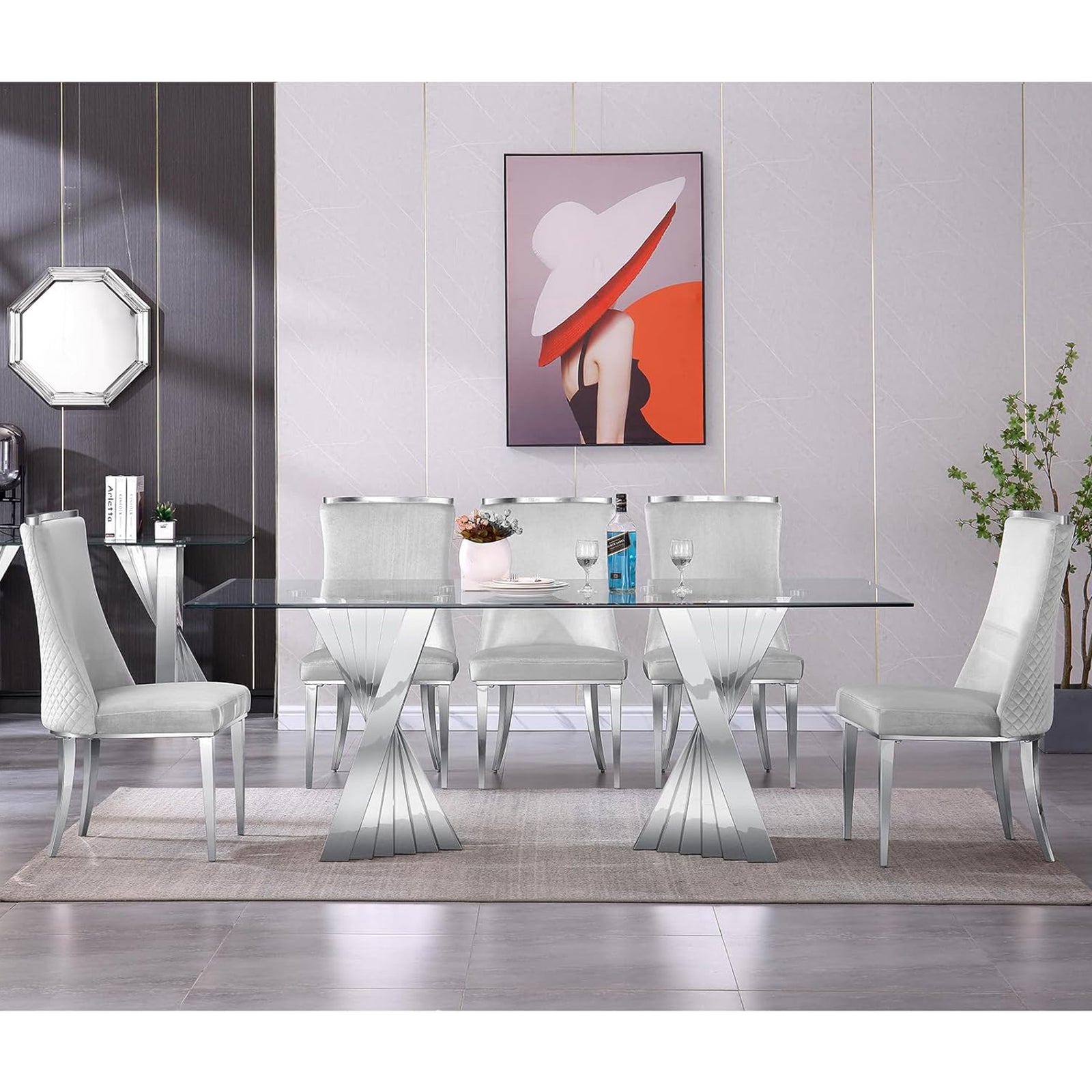 Light gray Velvet Dining Chairs | Reticulate Texture Back| Silver Metal Legs | C138