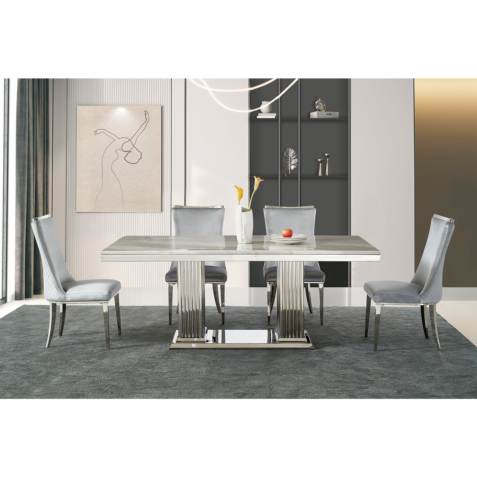 Light gray Velvet Dining Chairs | Reticulate Texture Back| Silver Metal Legs | C138