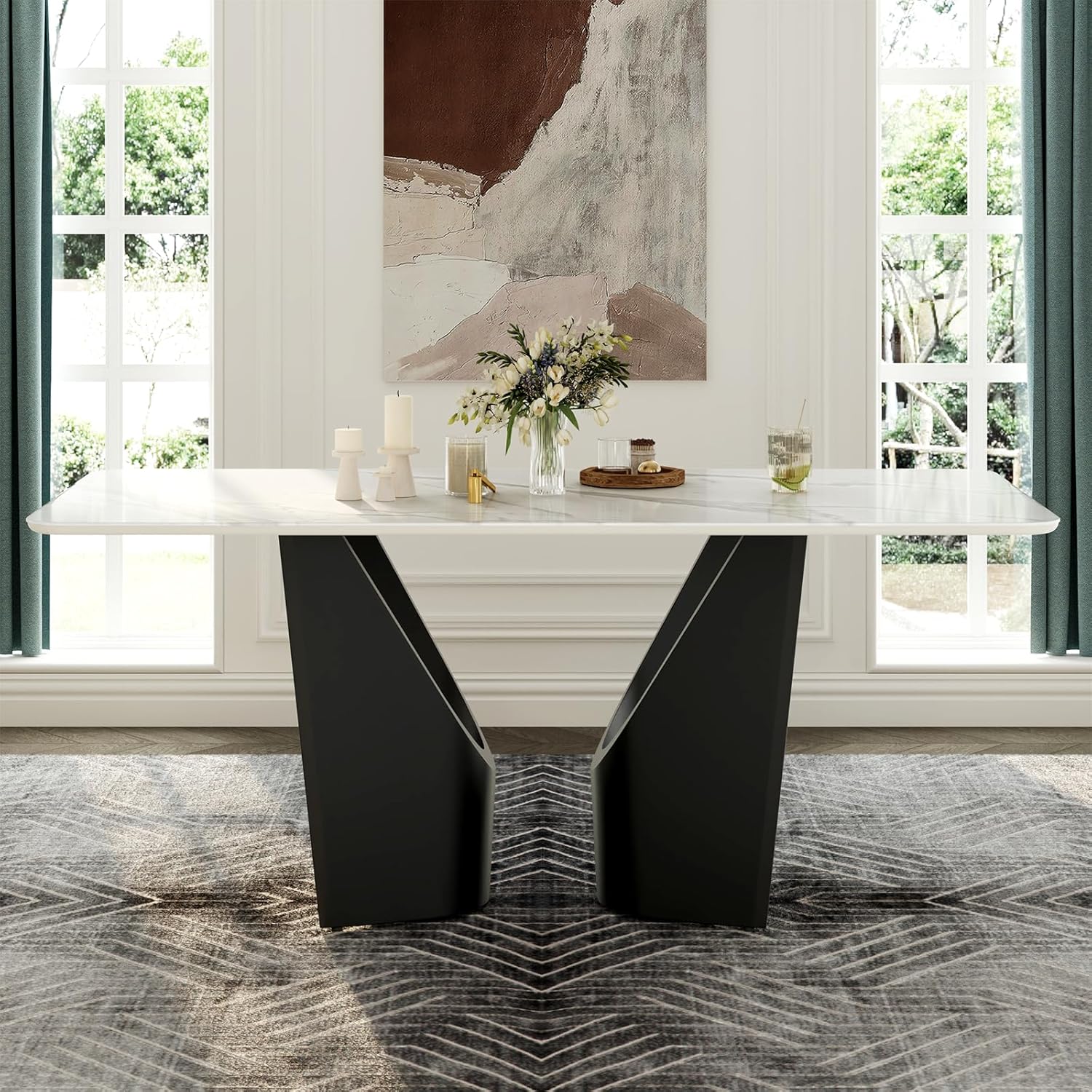 AUZ White Sintered Stone Dining Table with Black Base 71 inch Dining table  for 6
