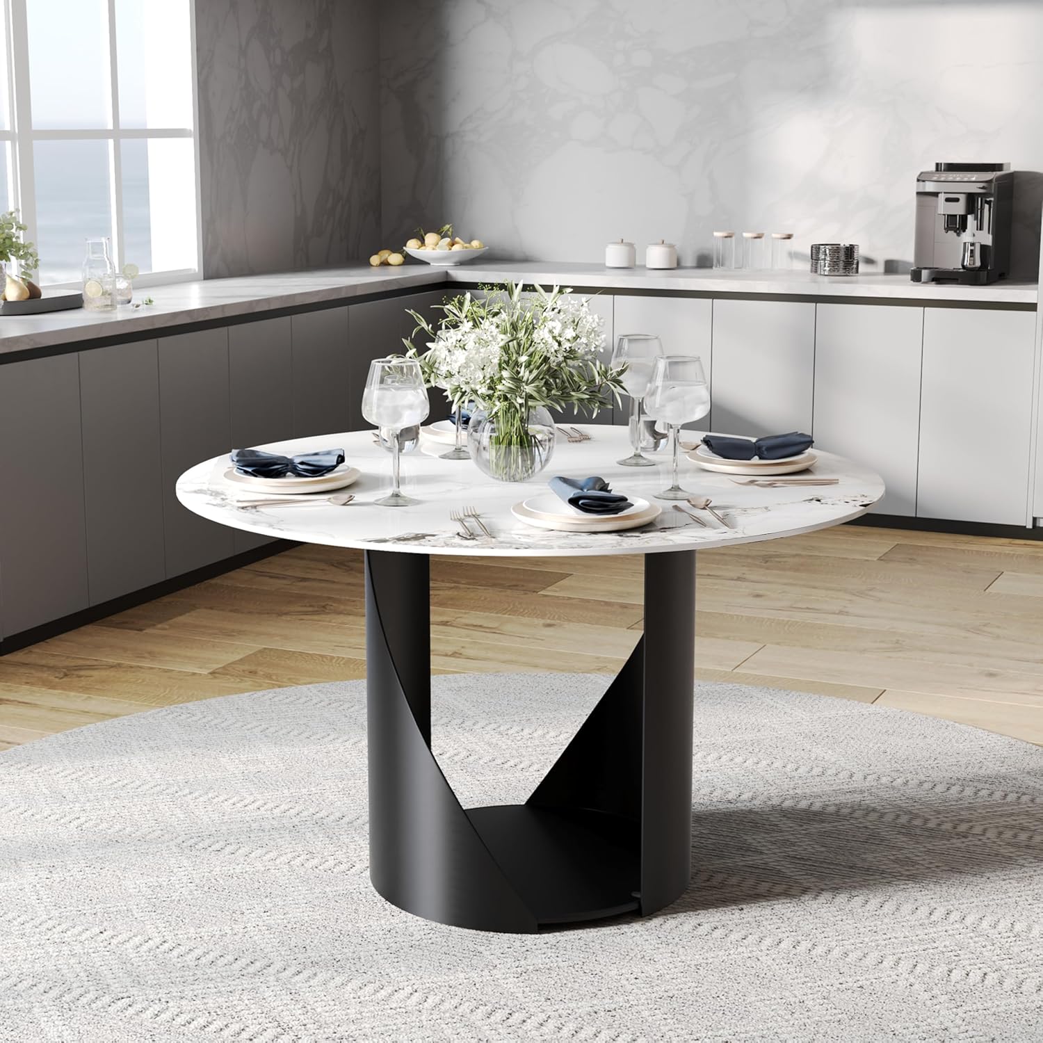 AUZ White Sintered Stone Dining Table with Black Base Round 54 Inch Dining table