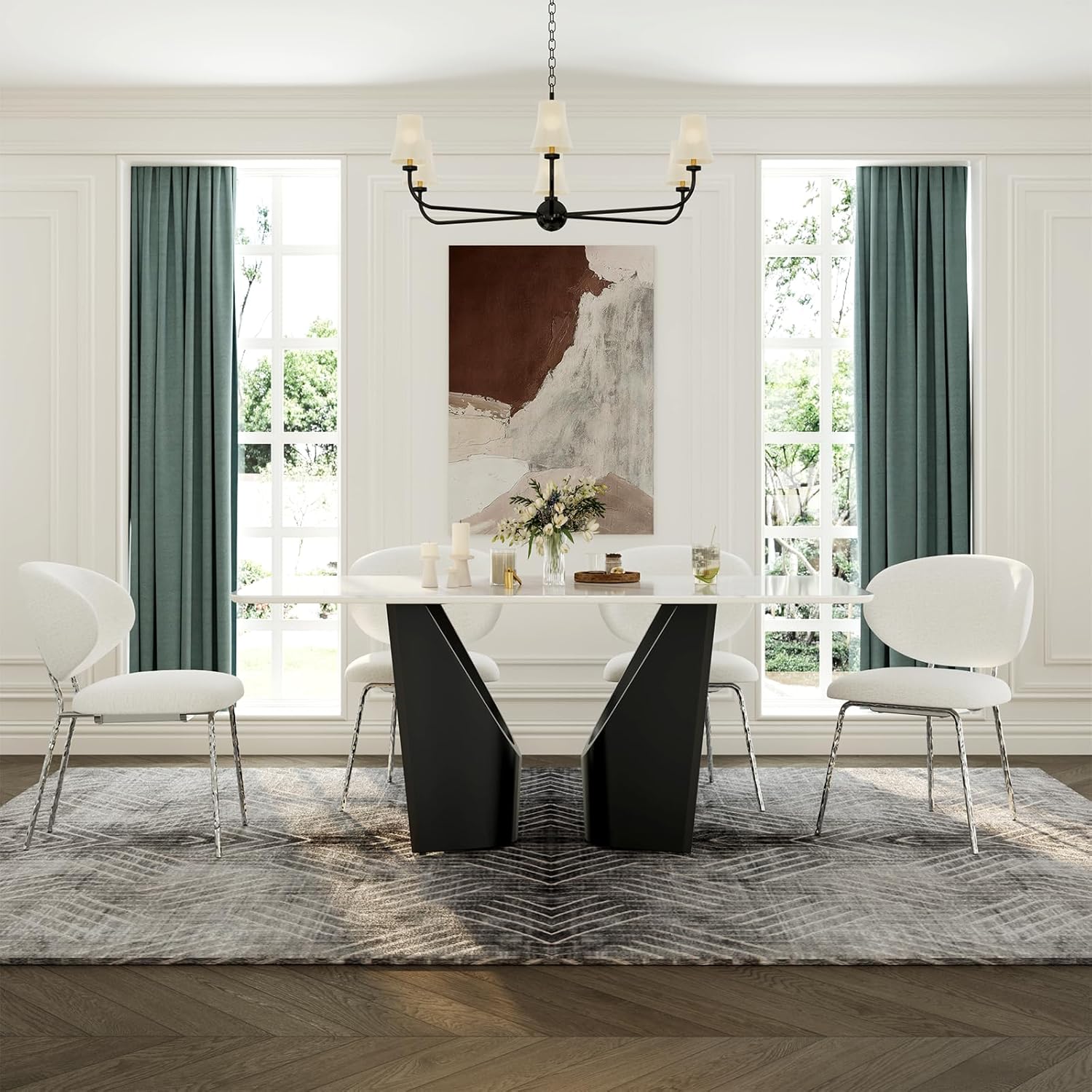 AUZ White Sintered Stone Dining Table with Black Base 71 inch Dining table  for 6