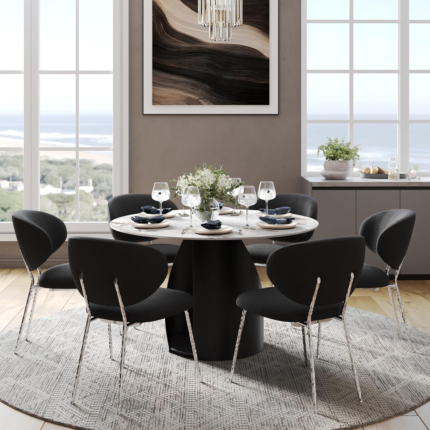 AUZ White Sintered Stone Dining Table with Black Base Round 54 Inch Dining table