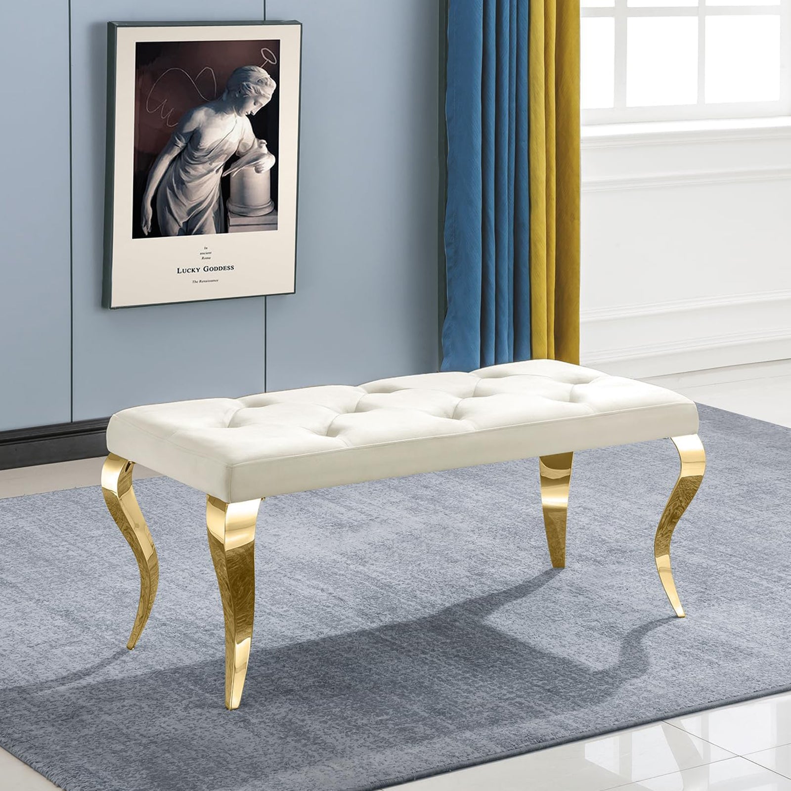 Beige Velvet Bench  with Gold Cabriole Legs | B104