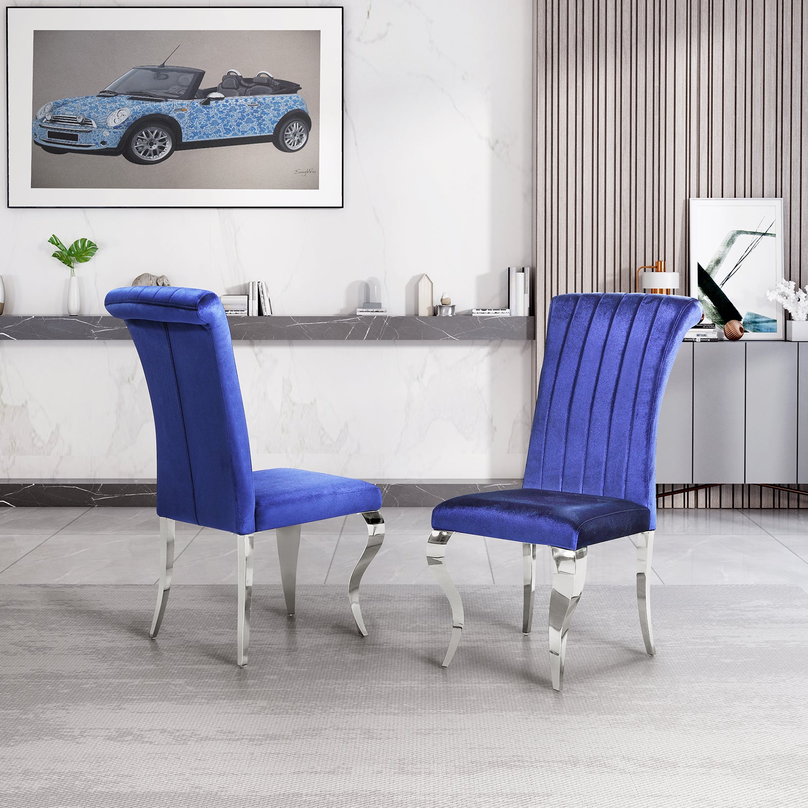 Blue Velvet Dining Chairs | Channel Roller Back| Silver metal legs | C129