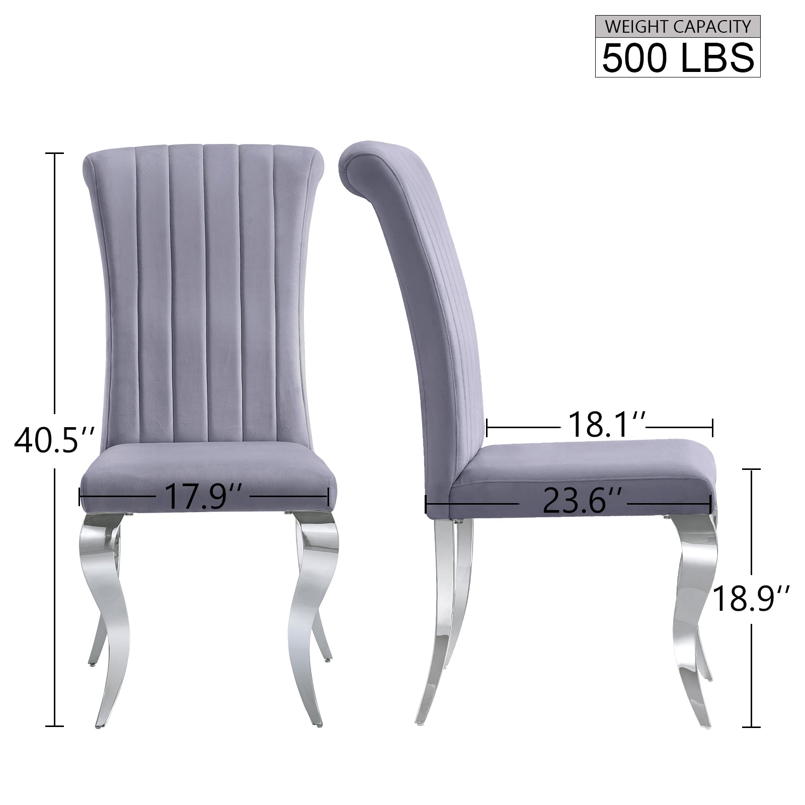 Gray Velvet Dining Chairs | Channel Roller Back| Silver metal legs | C128
