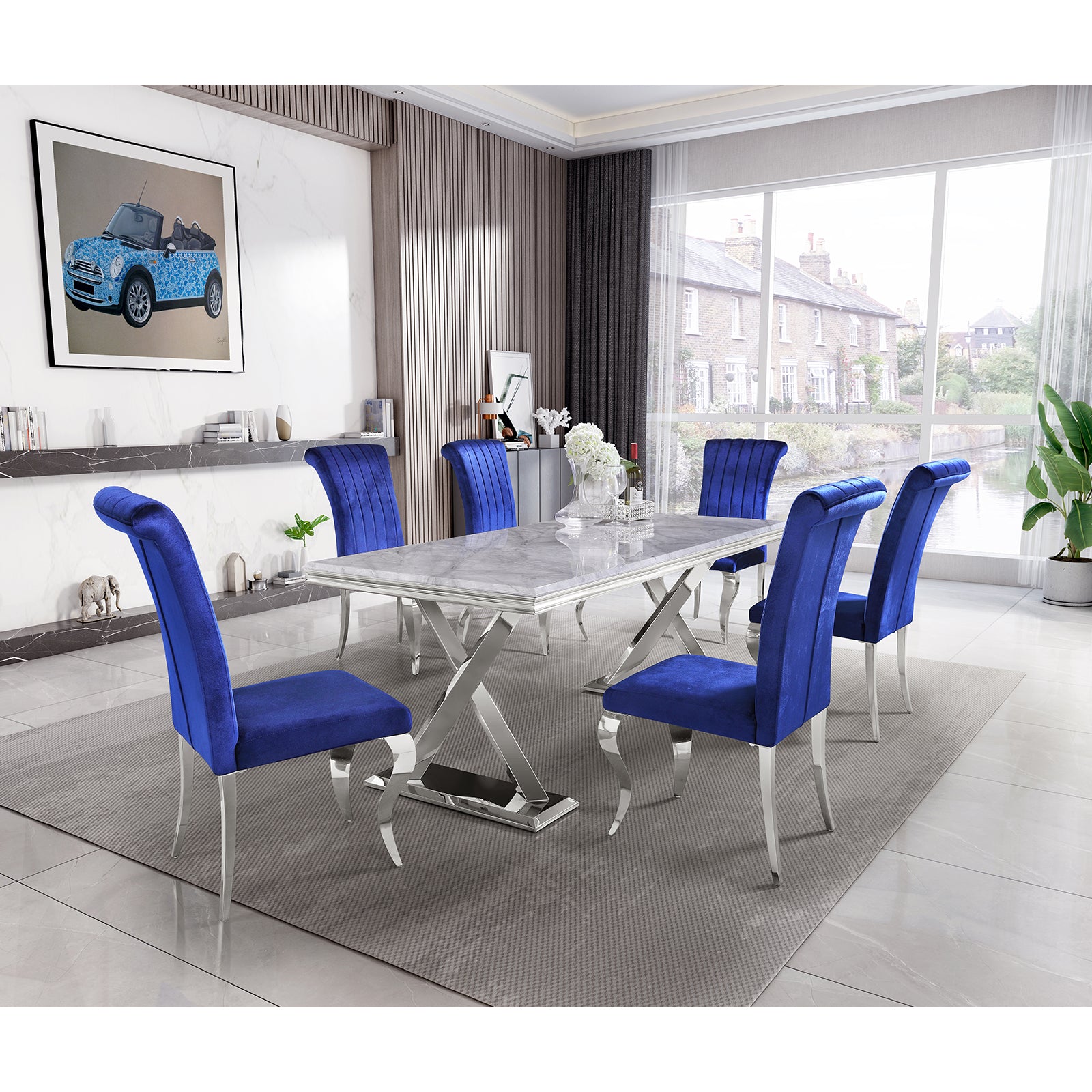 Blue Velvet Dining Chairs | Channel Roller Back| Silver metal legs | C129