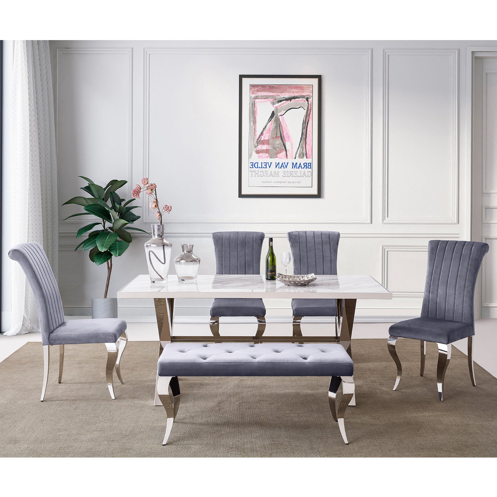 Gray Velvet Dining Chairs | Channel Roller Back| Silver metal legs | C128