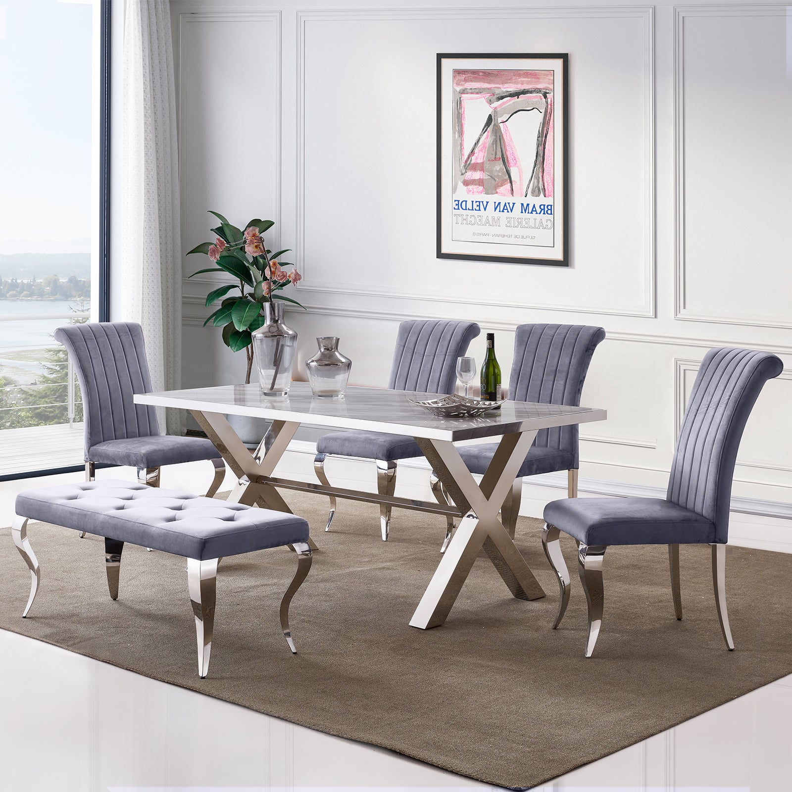 Gray Velvet Dining Chairs | Channel Roller Back| Silver metal legs | C128