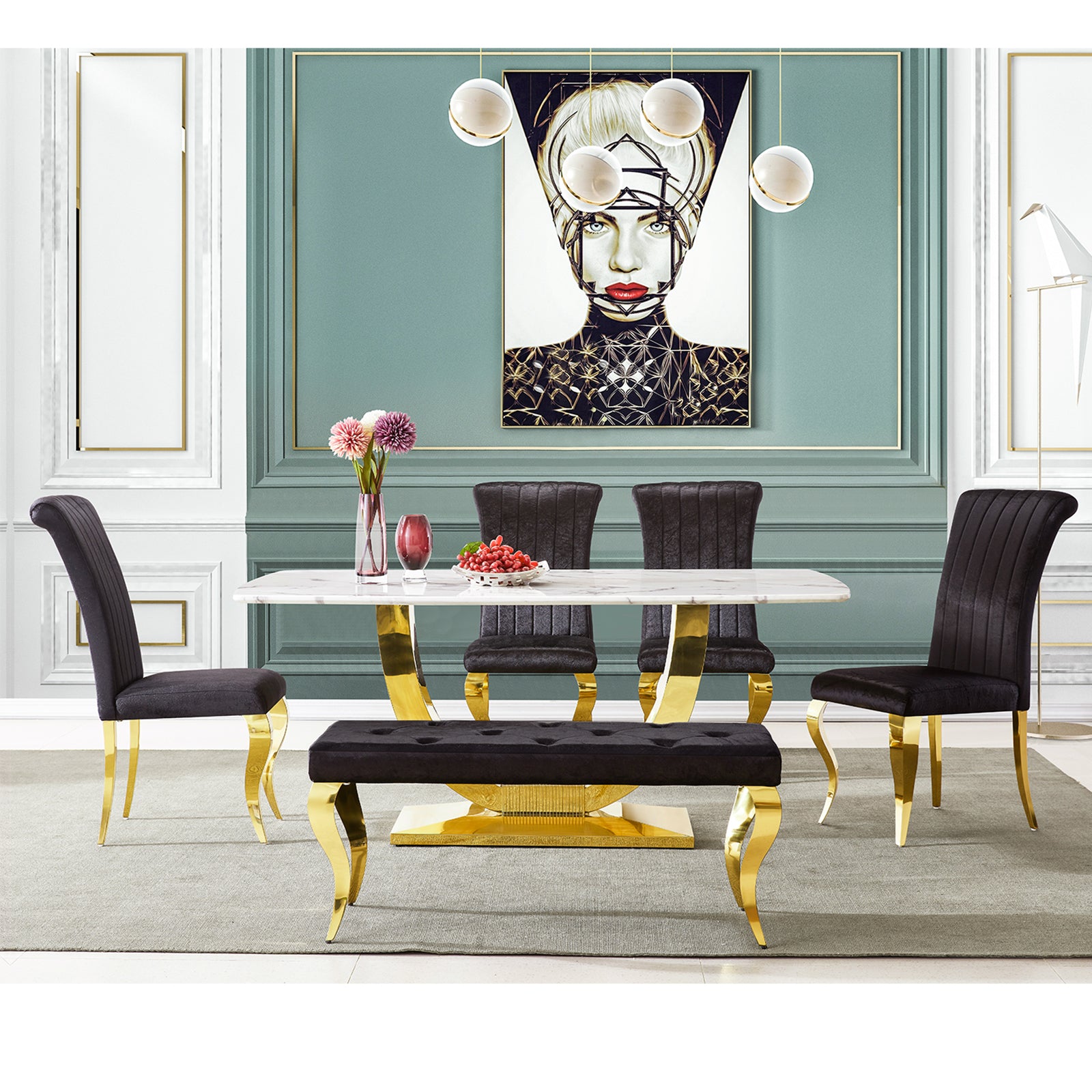 Black Velvet Dining Chairs | Channel Roller Back| Gold metal legs | C130