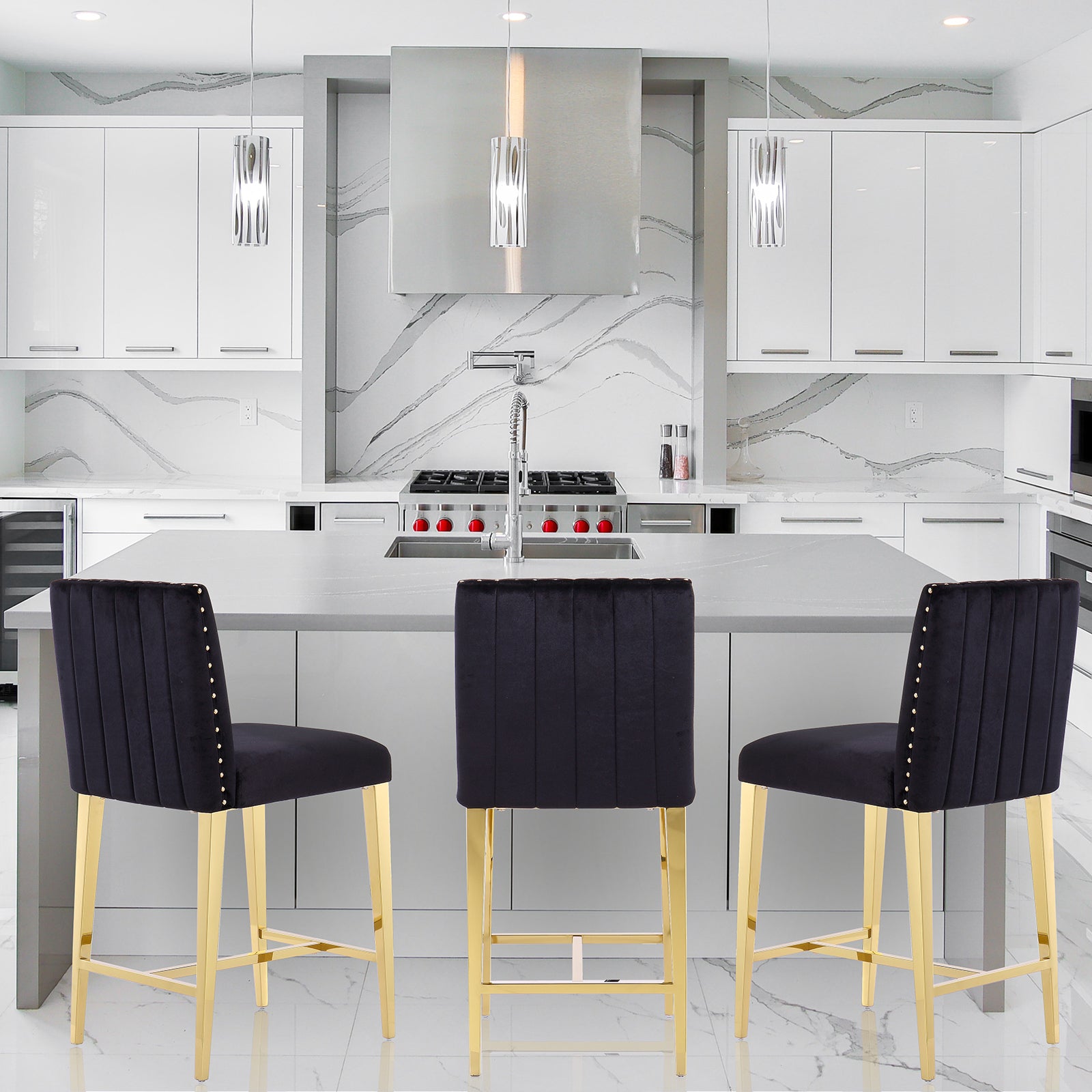 Counter Height Bar Stools | Black Velvet | 24.8-Inch Height