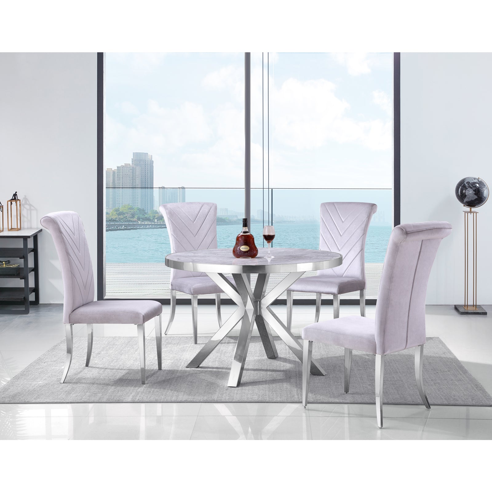 Round table |45" Gray Round Top | Silver Metal X Base | T222