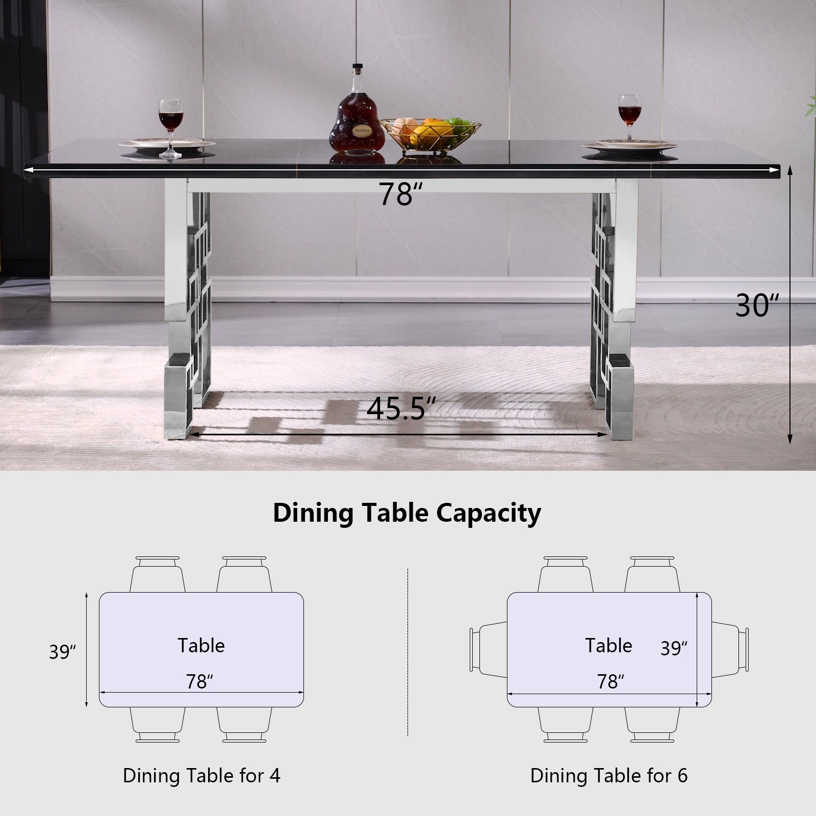 Black dining table | 78" Rectangle Top | Silver Metal geometric legs | T217