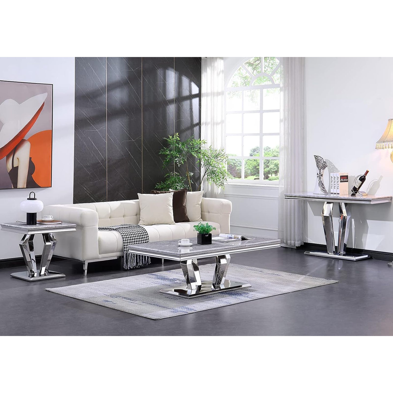 Silver Sofa Table with metal Geometric Base | S508