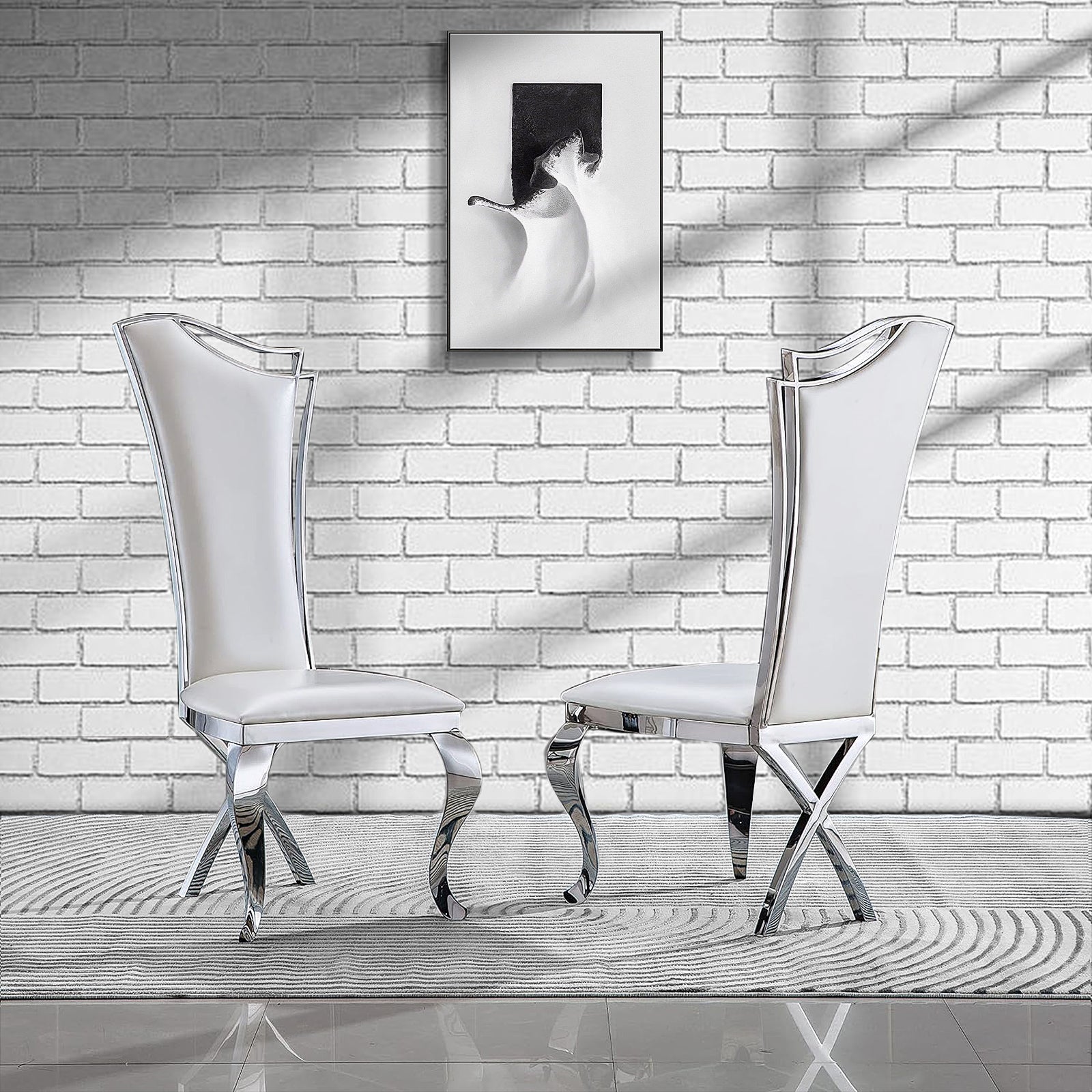 White leather  Dining Chairs | Streamlined High backrest | Silver Metal Legs | C165