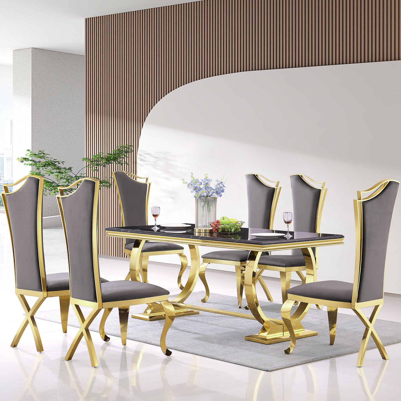Gray Velvet Dining Chairs | Streamlined High backrest | Gold Metal Legs | C167