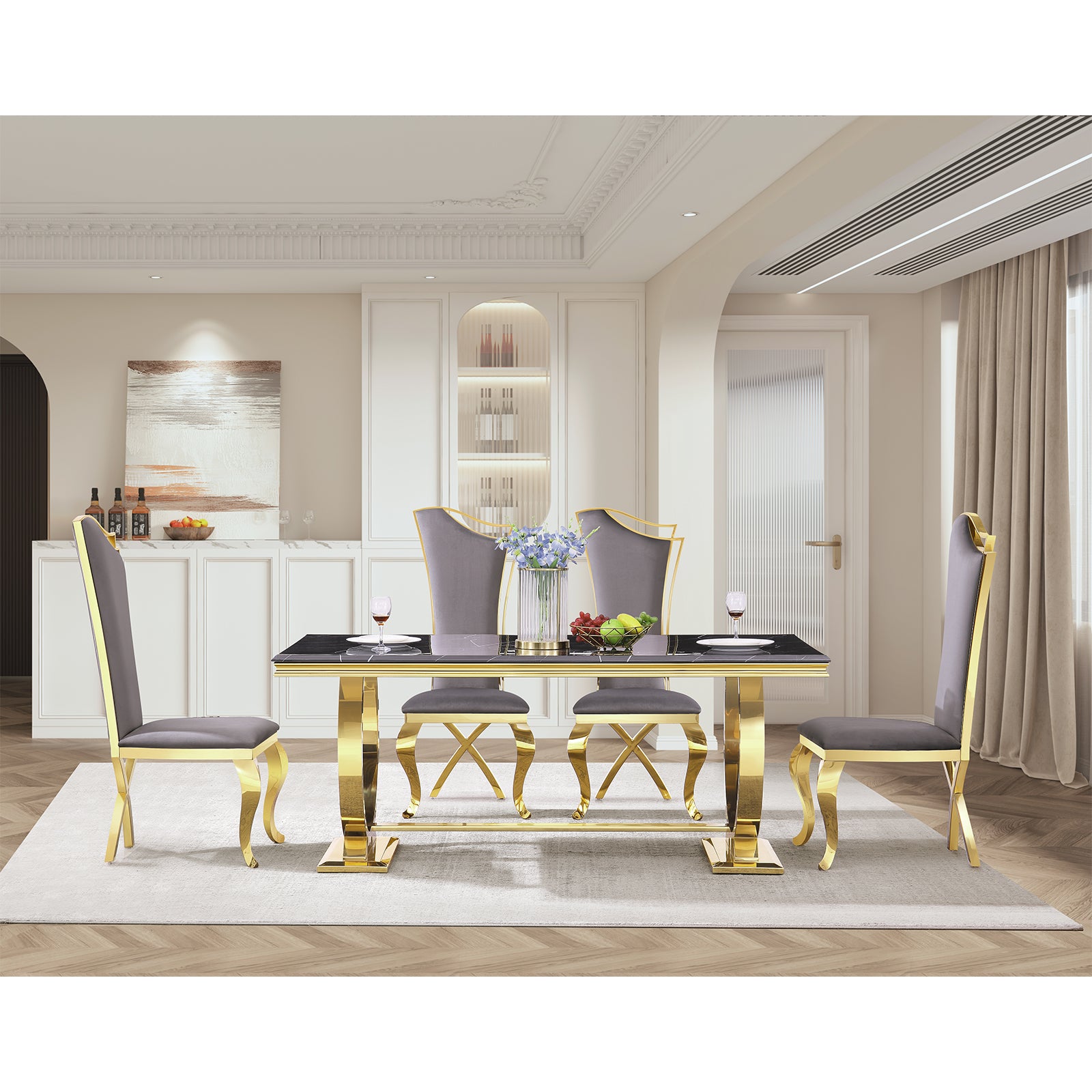 Gray Velvet Dining Chairs | Streamlined High backrest | Gold Metal Legs | C167