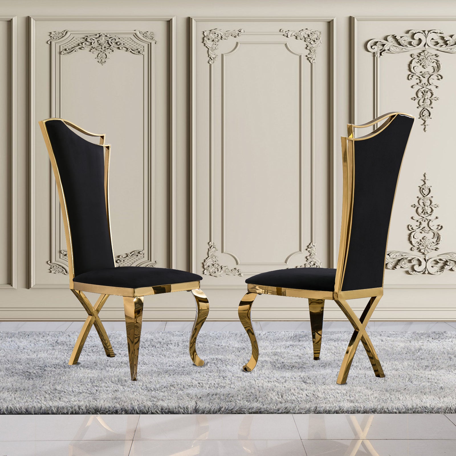 Black Velvet Dining Chairs | Streamlined High backrest | Gold Metal Legs | C166