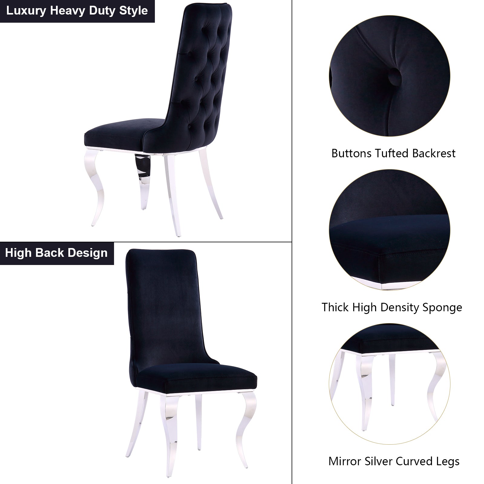 Black velvet Dining Chairs | Button Back | Heavy duty | Silver metal legs | C161